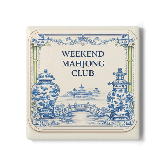 Weekend Mahjong Club Ceramic Coaster – Blue Chinoiserie Tile Drink Coaster - Creations by Chris and Carlos