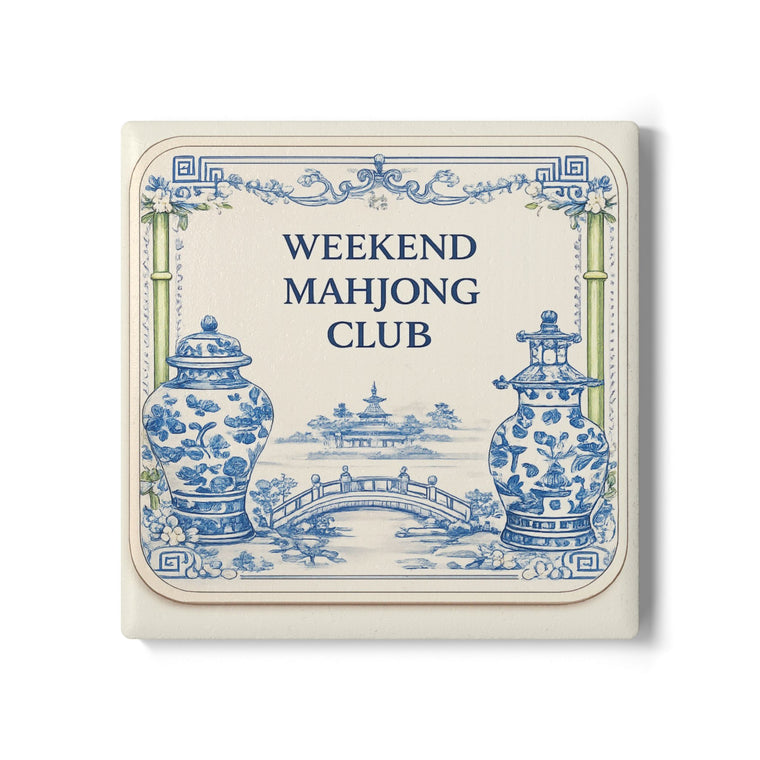 Weekend Mahjong Club Ceramic Coaster – Blue Chinoiserie Tile Drink Coaster - Creations by Chris and Carlos