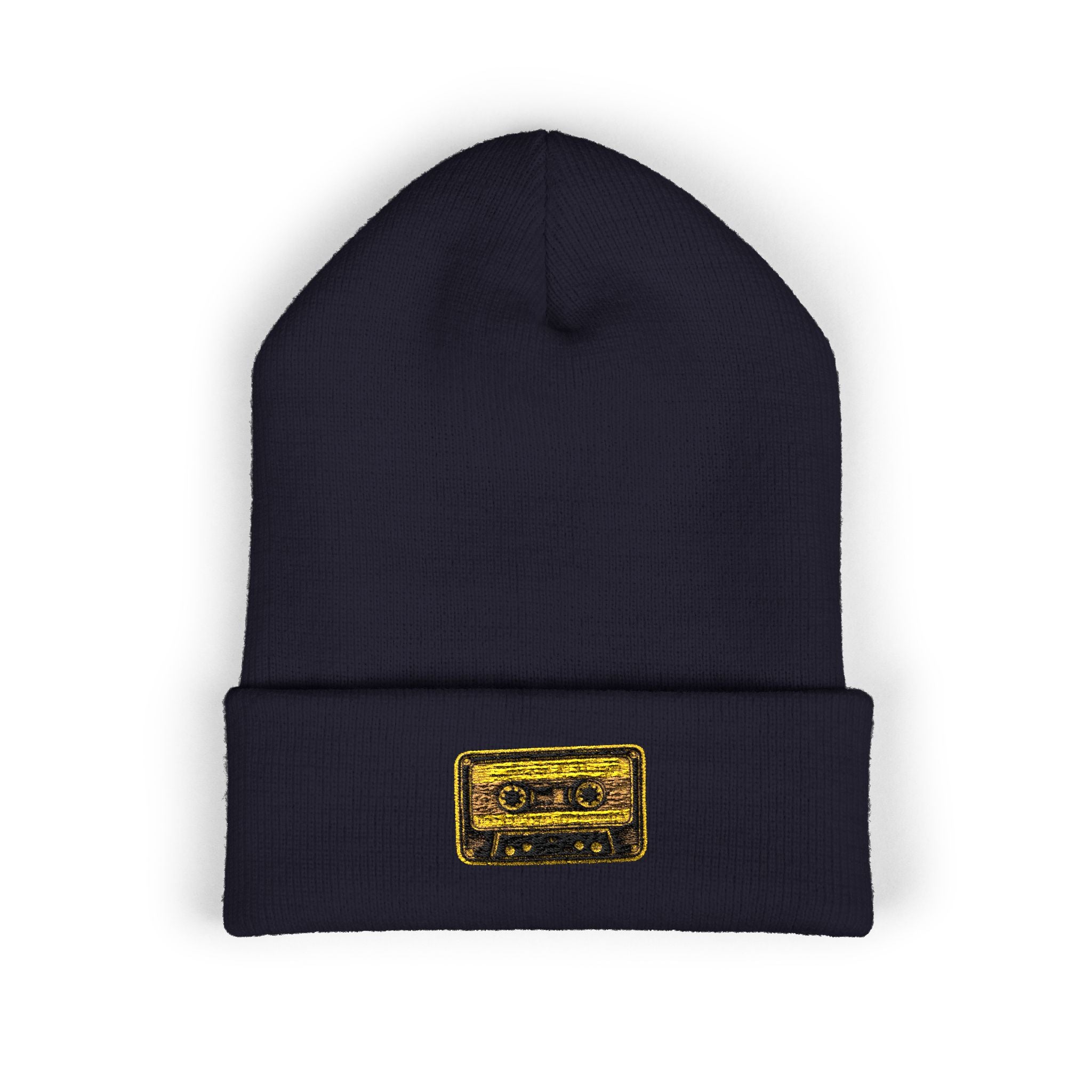 Embroidered Gold Cassette Beanie — Retro Music Cuffed Hat - Creations by Chris and Carlos
