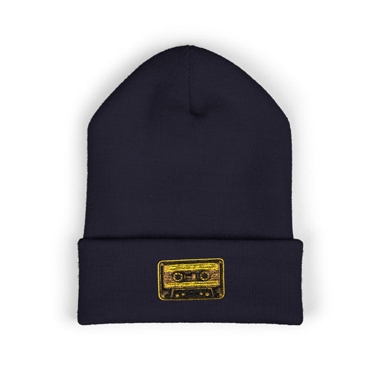 Embroidered Gold Cassette Beanie — Retro Music Cuffed Hat - Creations by Chris and Carlos