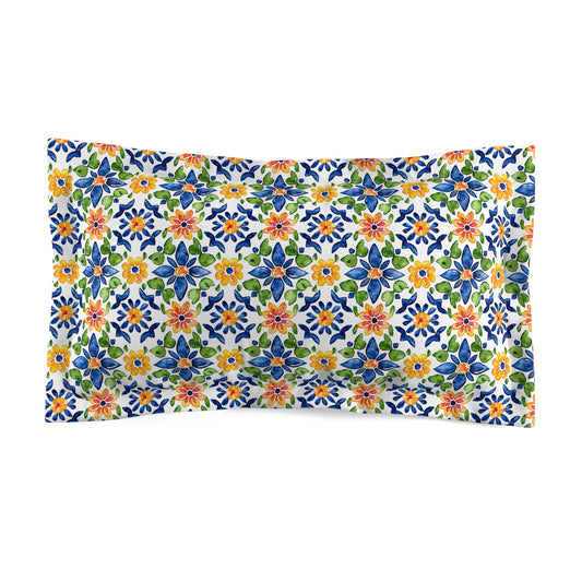 Sol y Alegría (Sun and Joy) Collection- Floral Mosaic Microfiber Pillow Sham — Blue & Yellow Garden Pattern - Creations by Chris and Carlos