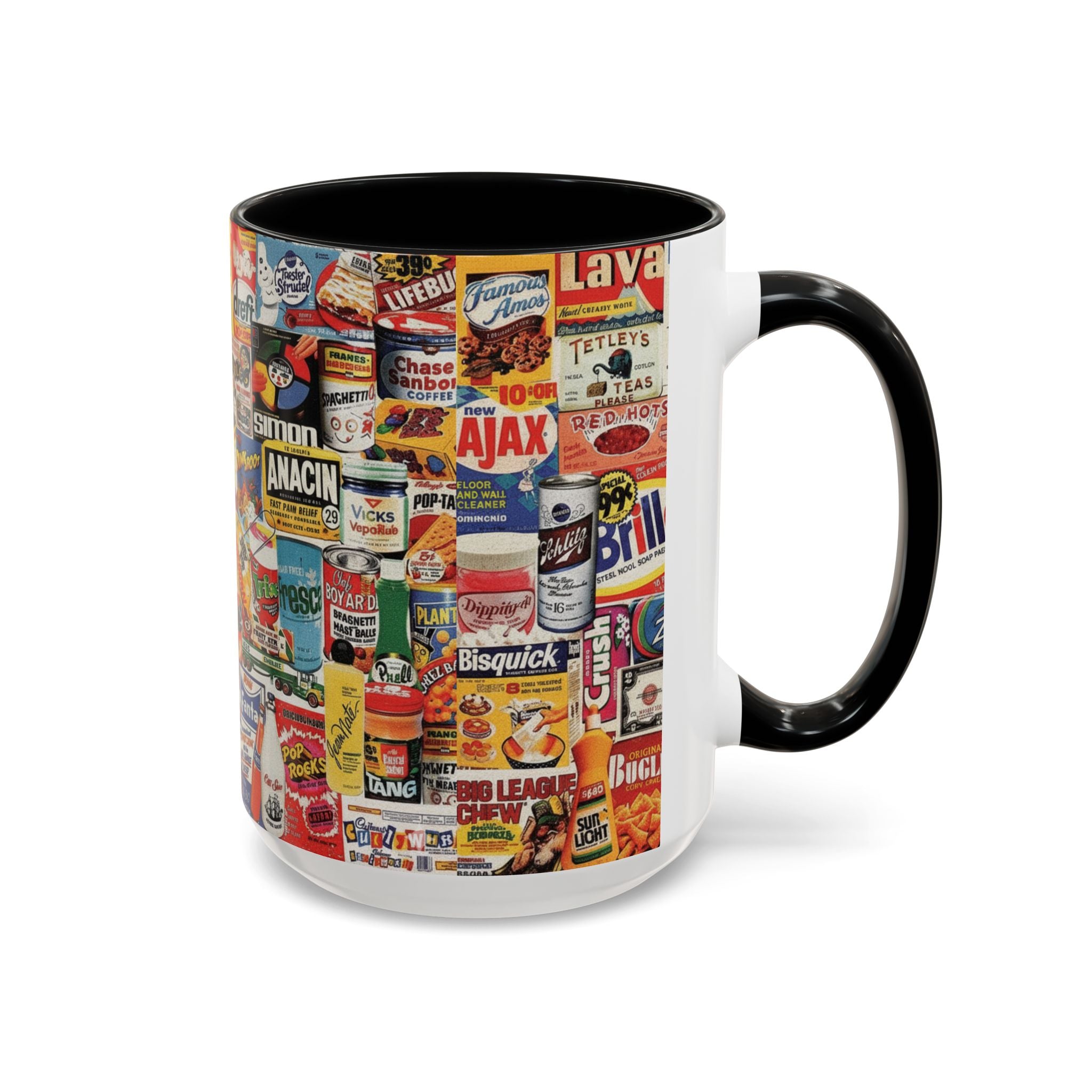 Vintage Retro Ads Coffee Mug — Collage of Classic Brand Labels (11/15oz Accent Mug) - Creations by Chris and Carlos