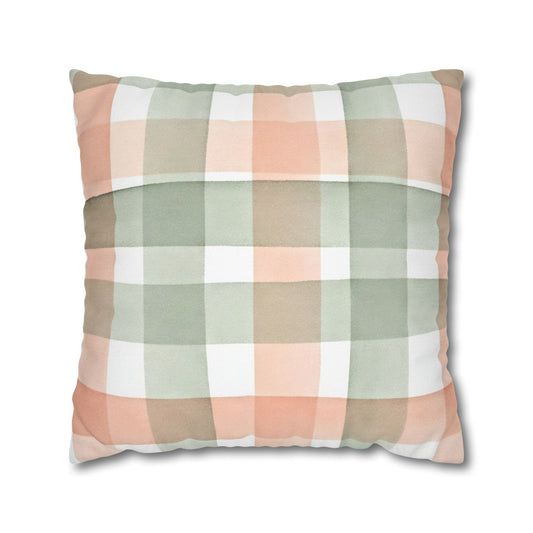 The Artisanal Flora Gallery Pastel Buffalo Check Pillowcase — Peach & Sage Plaid Square Pillow Cover - Creations by Chris and Carlos