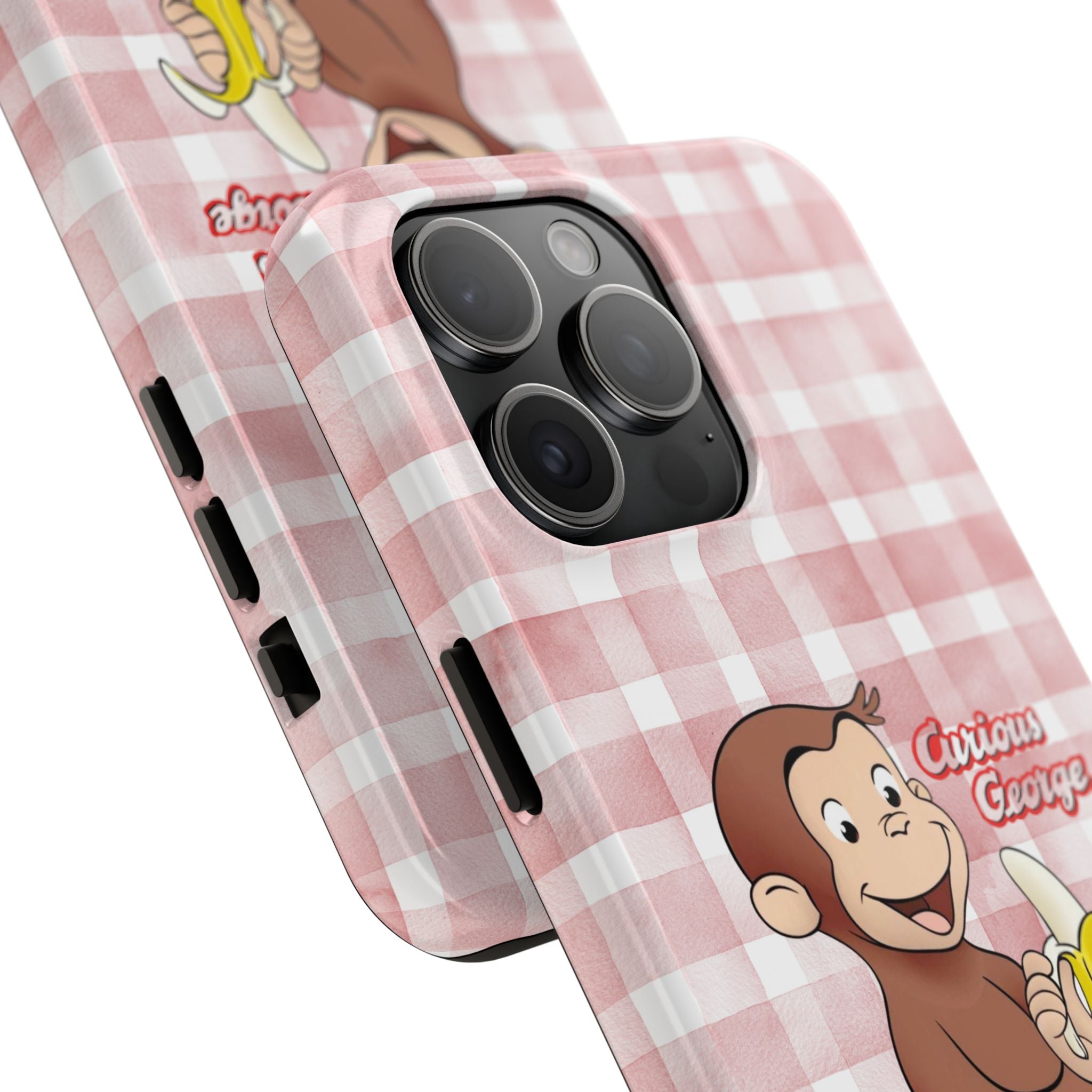 Curious George Banana Tough Phone Case — Cute Kids iPhone Cover, Pink Gingham Protective Case - Creations by Chris and Carlos