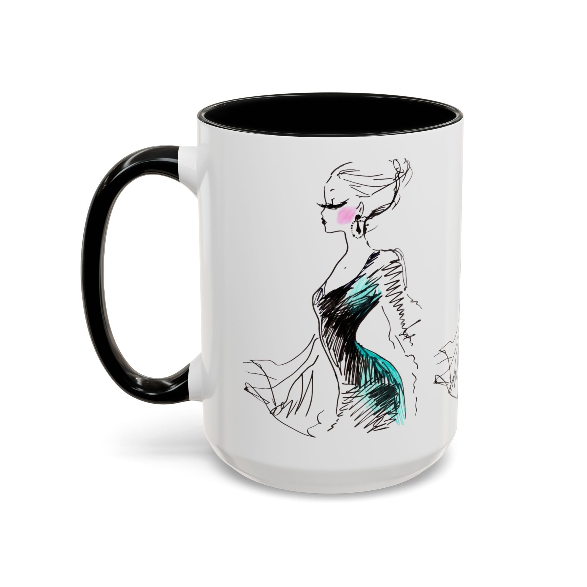Fashion Sketch Accent Coffee Mug — Chic Hand-Drawn Dress Illustration (11/15 oz) - Creations by Chris and Carlos