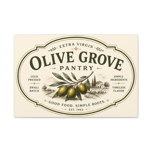 Olive Grove Pantry Matte Canvas Wall Art – Rustic Kitchen Sign, "Olive Grove" Vintage Olive Label - Creations by Chris and Carlos