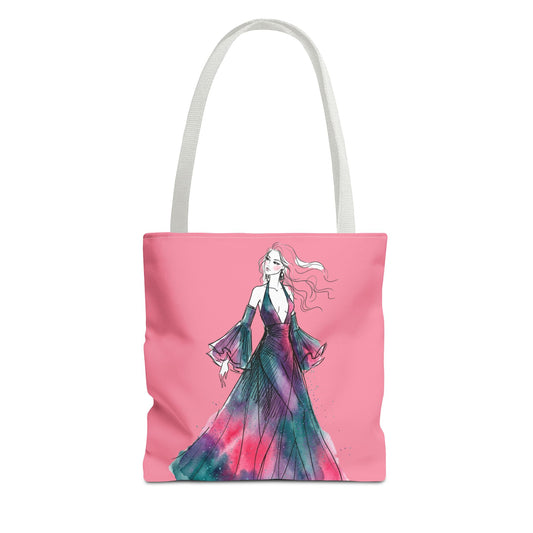Pink Watercolor Fashion Tote Bag — Elegant Woman in Flowing Dress AOP - Creations by Chris and Carlos