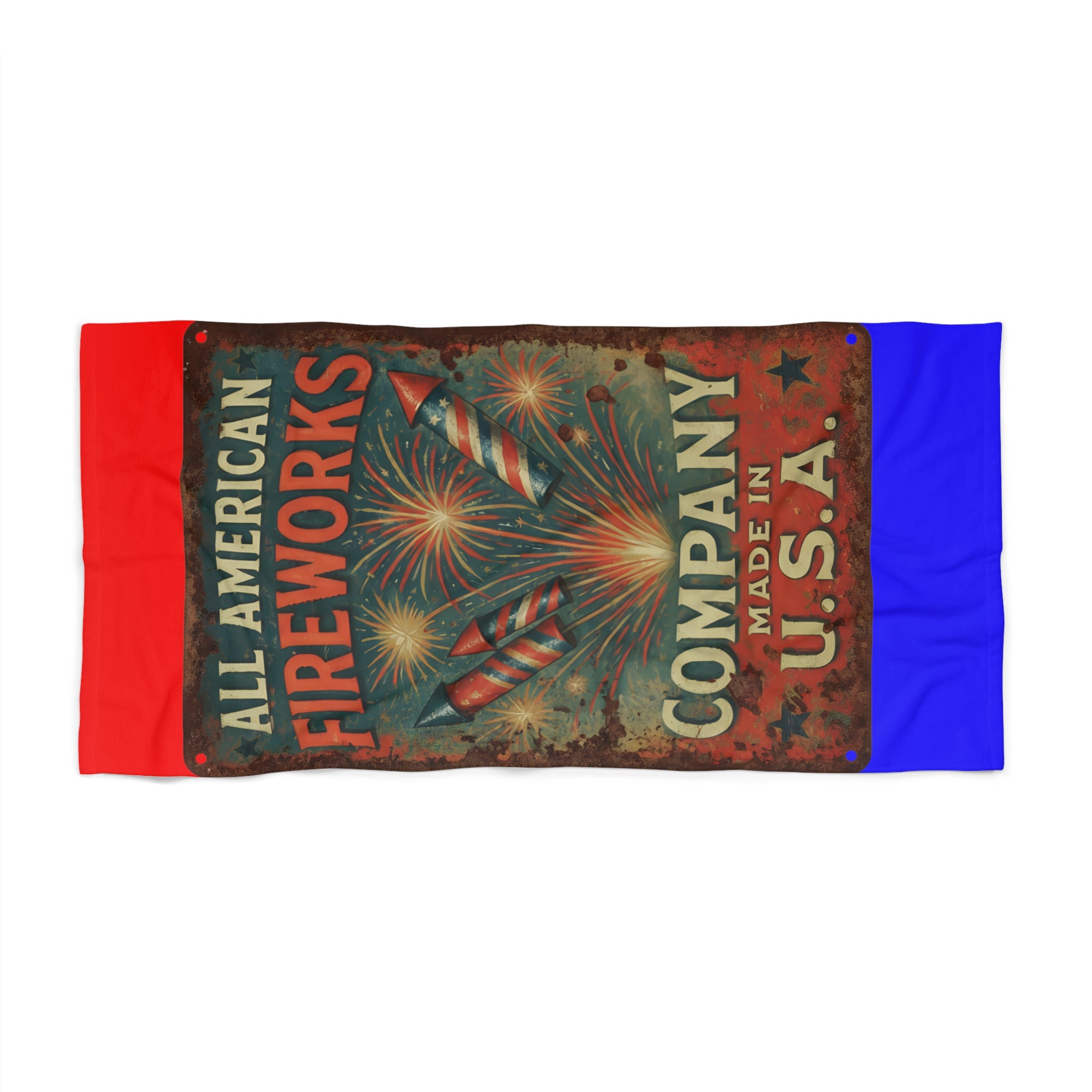 American Fireworks Beach Towel — Vintage 'All American Fireworks Company Made in U.S.A.' Patriotic Summer Towel - Creations by Chris and Carlos