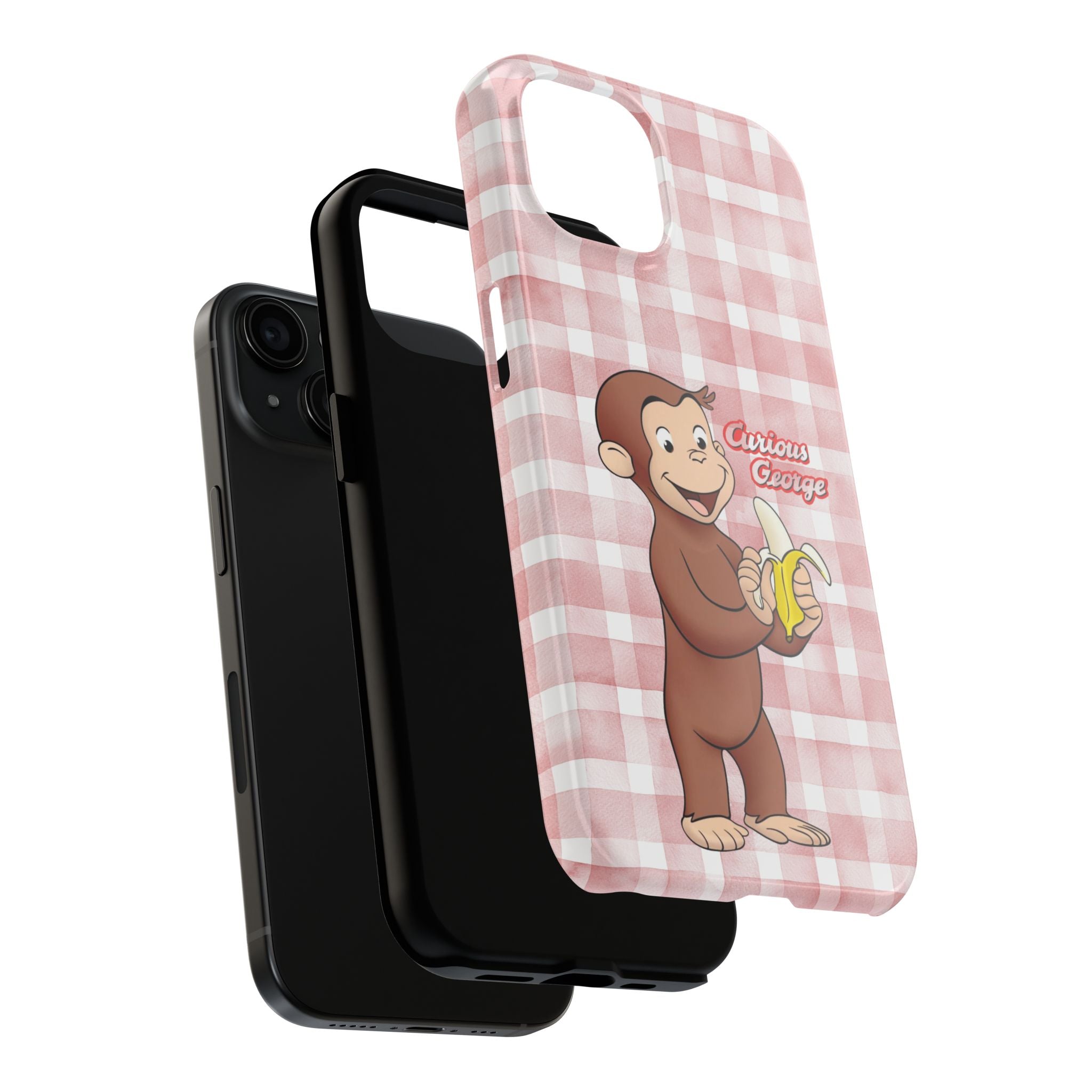 Curious George Banana Tough Phone Case — Cute Kids iPhone Cover, Pink Gingham Protective Case - Creations by Chris and Carlos