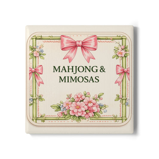 Mahjong & Mimosas Ceramic Coaster — Floral Vintage Game Night Drink Coaster - Creations by Chris and Carlos