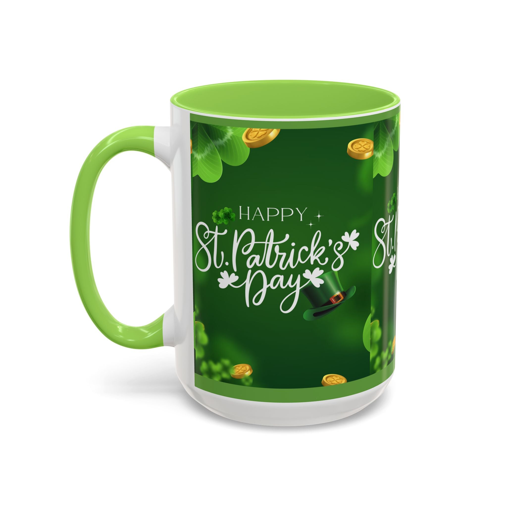 Happy St. Patrick's Day Coffee Mug – Green Shamrock & Gold Coin 11/15oz - Creations by Chris and Carlos