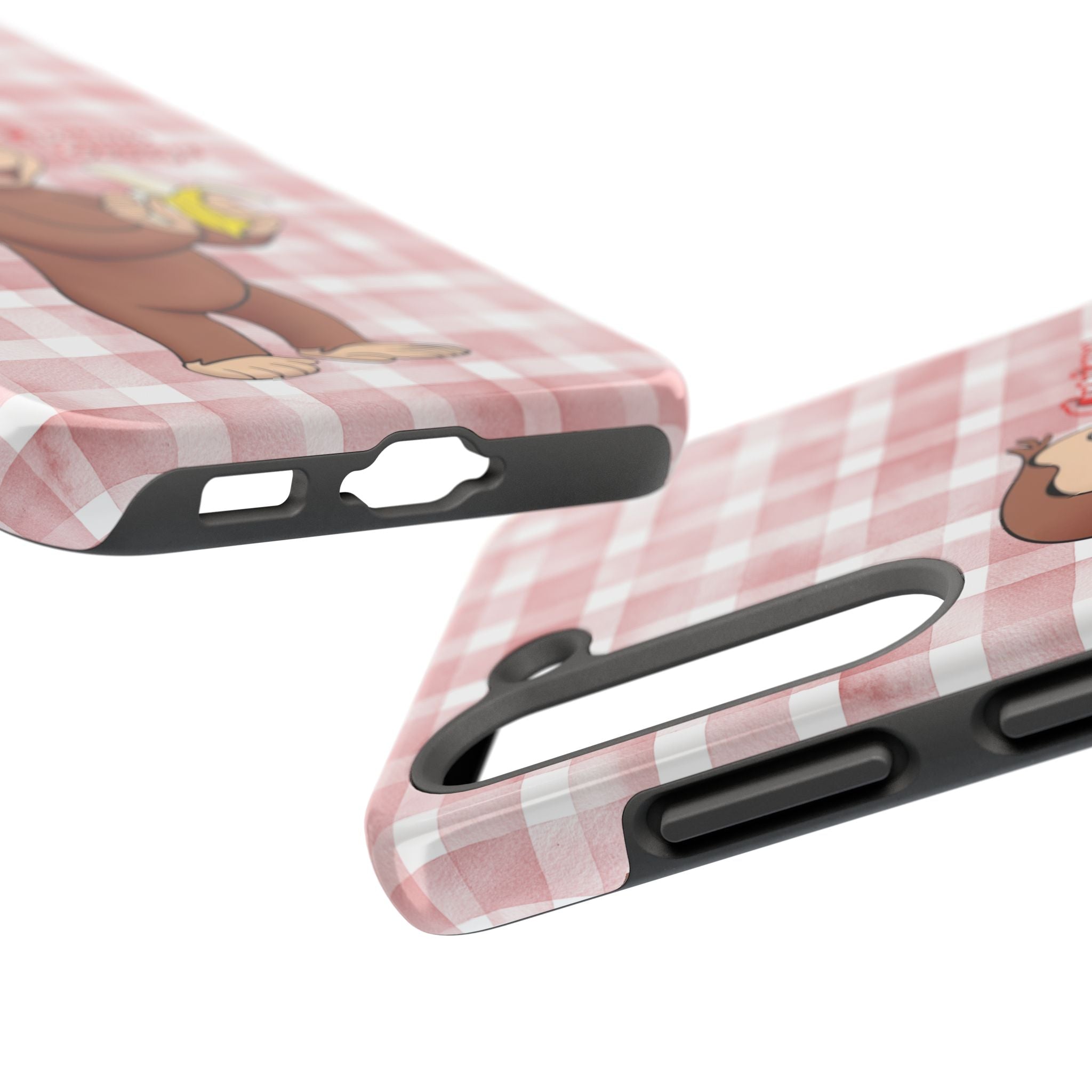 Curious George Banana Tough Phone Case — Cute Kids iPhone Cover, Pink Gingham Protective Case - Creations by Chris and Carlos