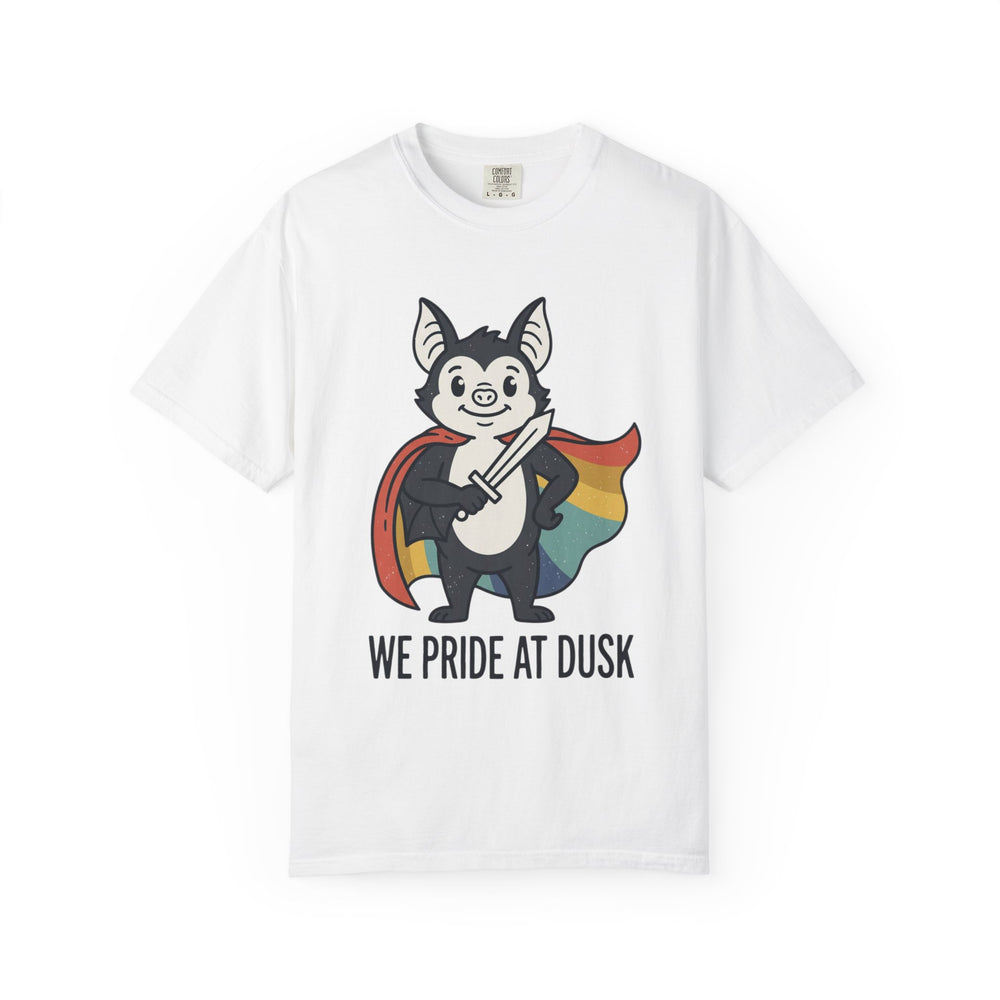 We Pride at Dusk Bat T-Shirt — Rainbow Cape LGBTQ+ Pride Tee