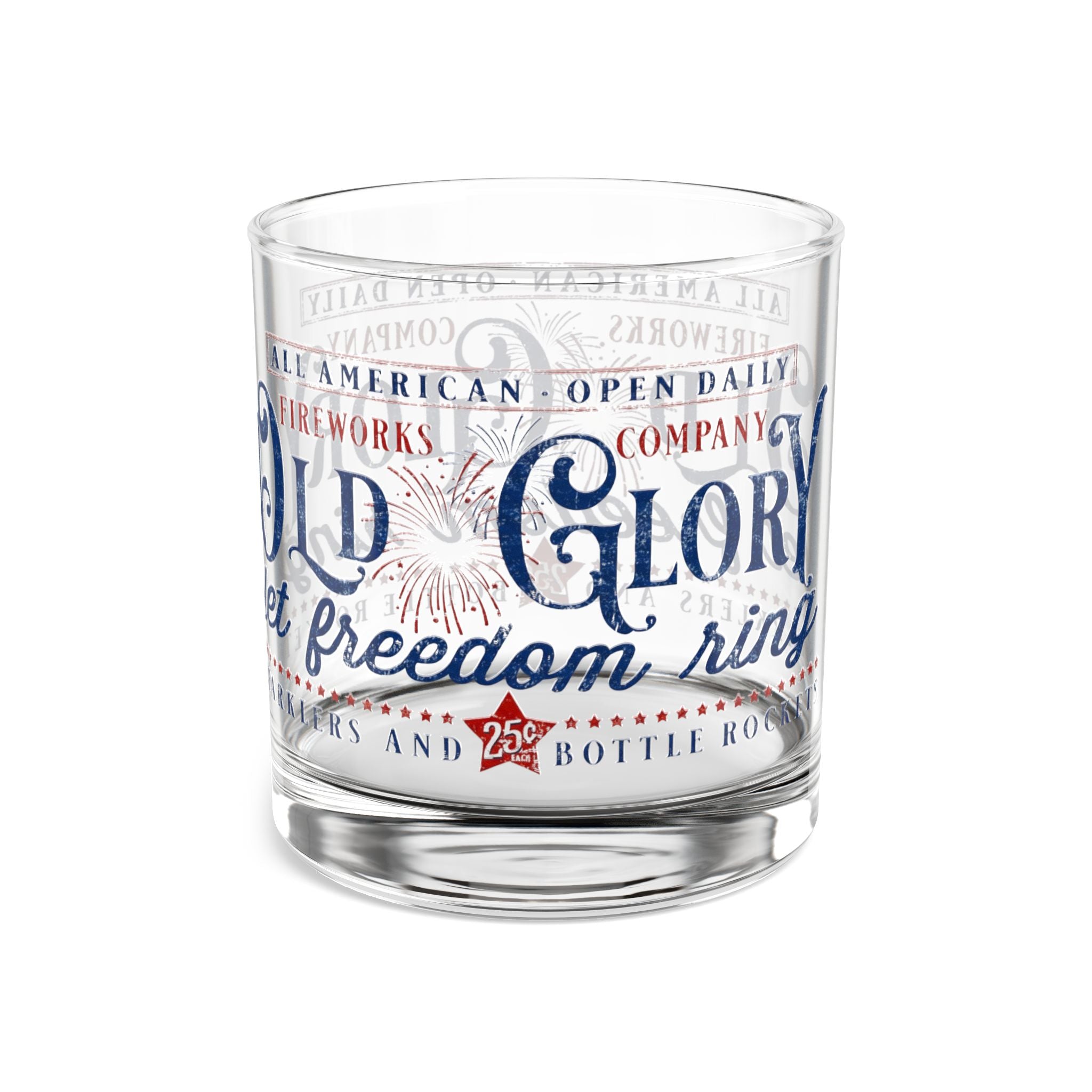 Old Glory Rocks Glass — 10oz Patriotic Whiskey Glass with Fireworks Design - Creations by Chris and Carlos