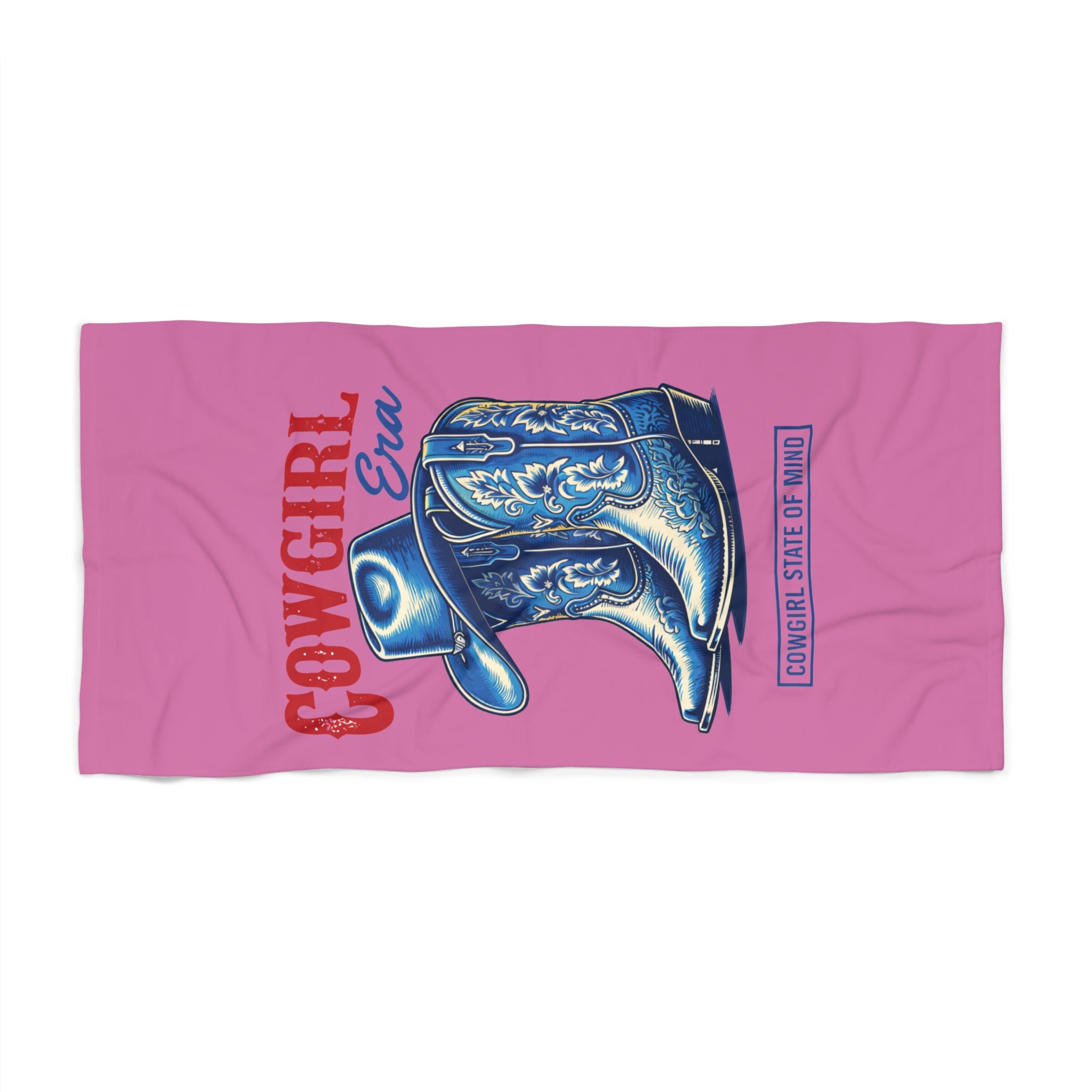 Cowgirl Era Beach Towel — Pink Western Cowboy Boots Design - Creations by Chris and Carlos