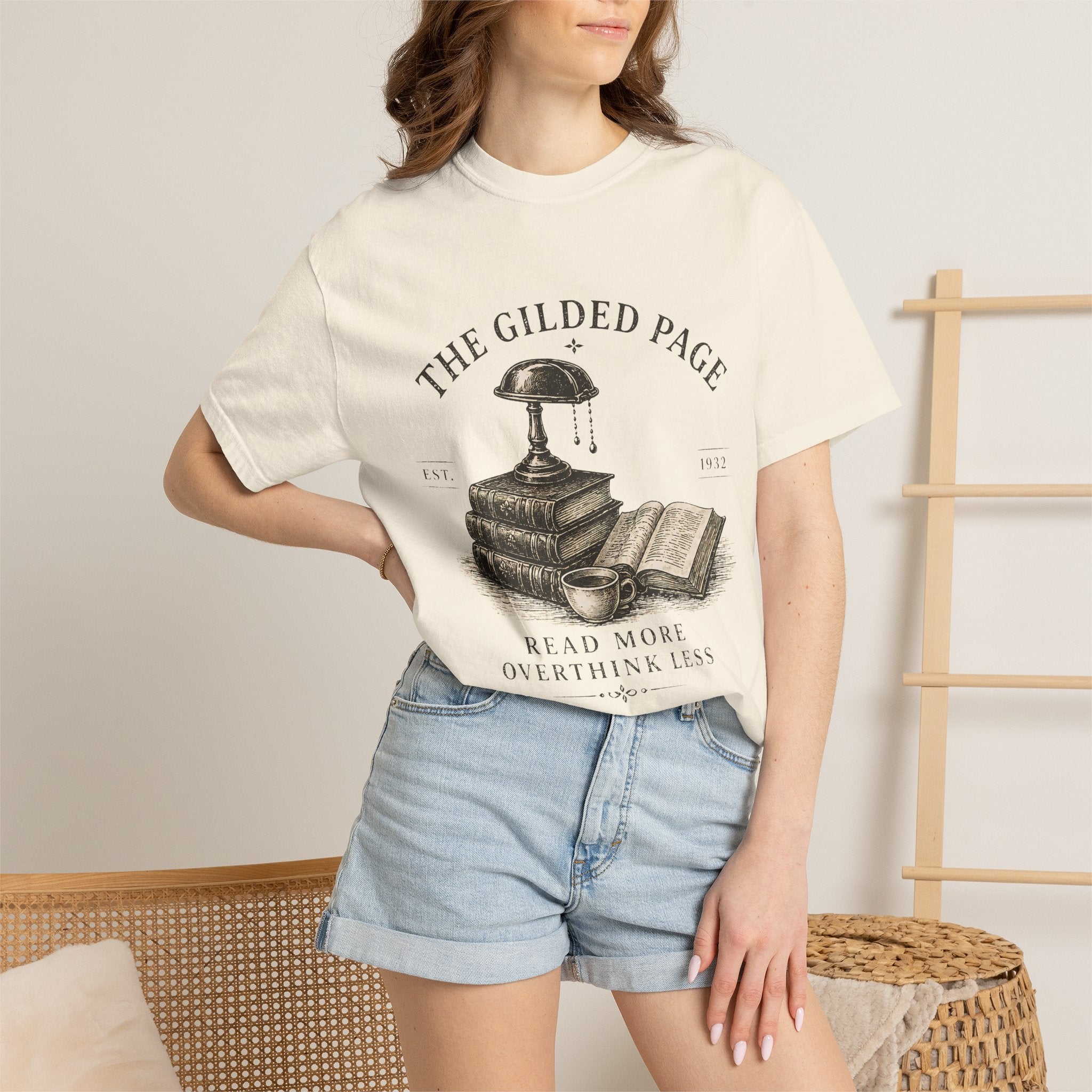 Vintage Book Lovers T‑Shirt — “The Gilded Page: Read More, Overthink Less” - Creations by Chris and Carlos