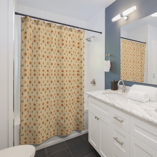 Desert Sunset Shower Curtain — Boho Cactus & Sun Pattern - Creations by Chris and Carlos