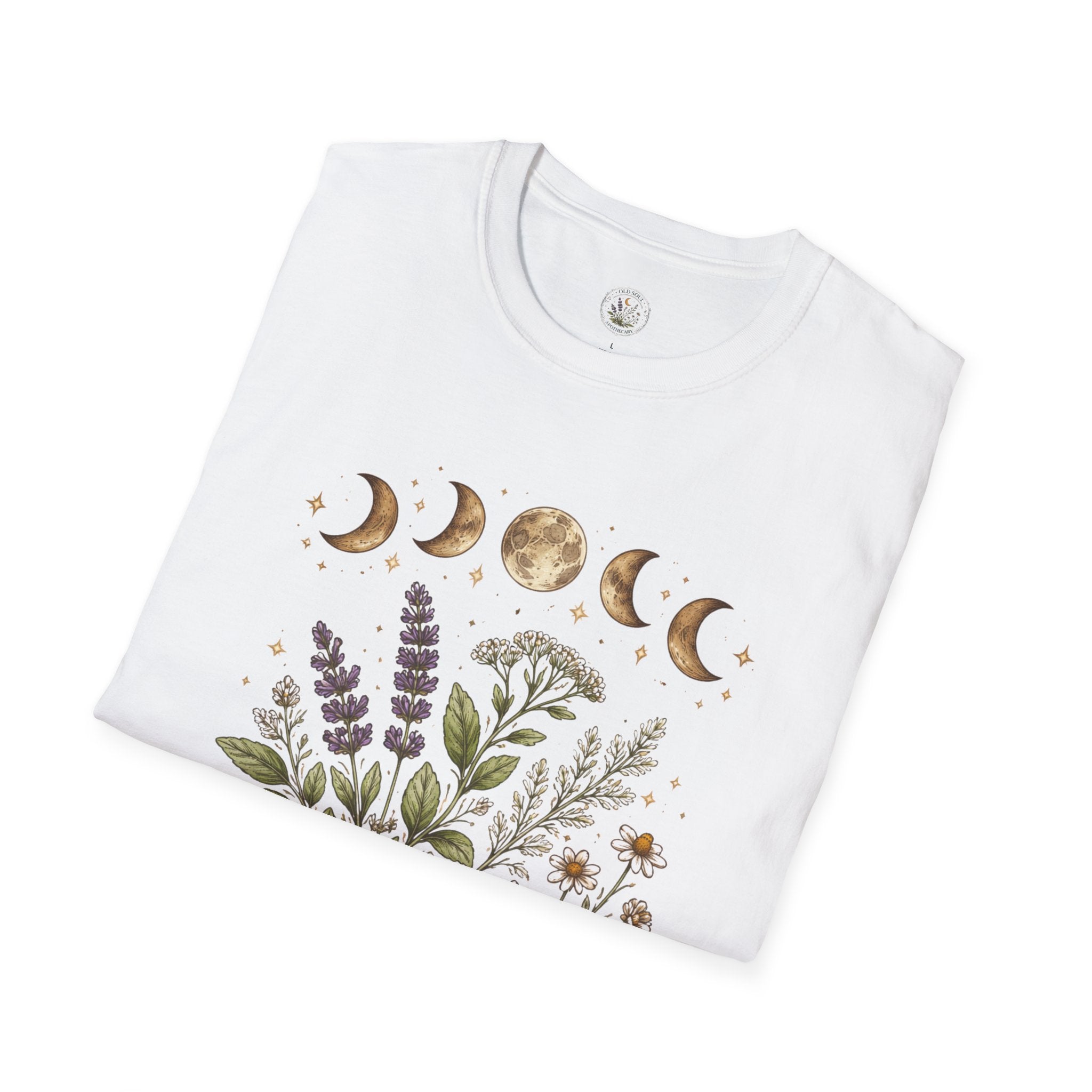 Old Soul Apothecary Botanical Moon Phase T-Shirt — Floral Moon Phases Tee - Creations by Chris and Carlos