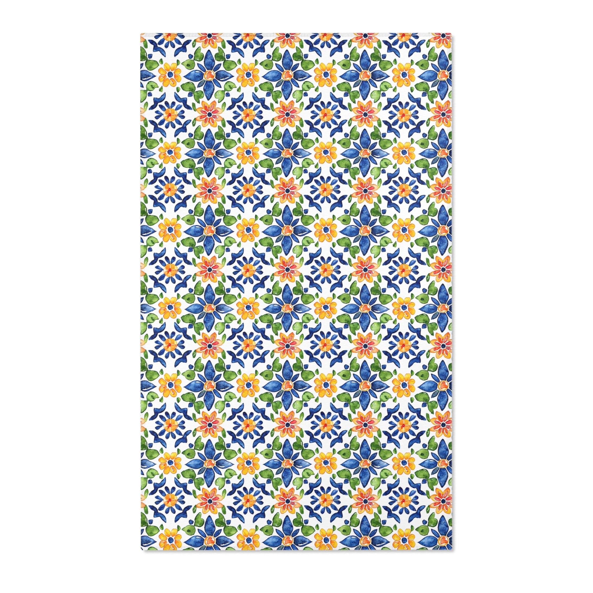 Sol y Alegría (Sun and Joy) Collection- Mediterranean Floral Area Rug — Colorful Blue & Yellow Tile Pattern - Creations by Chris and Carlos