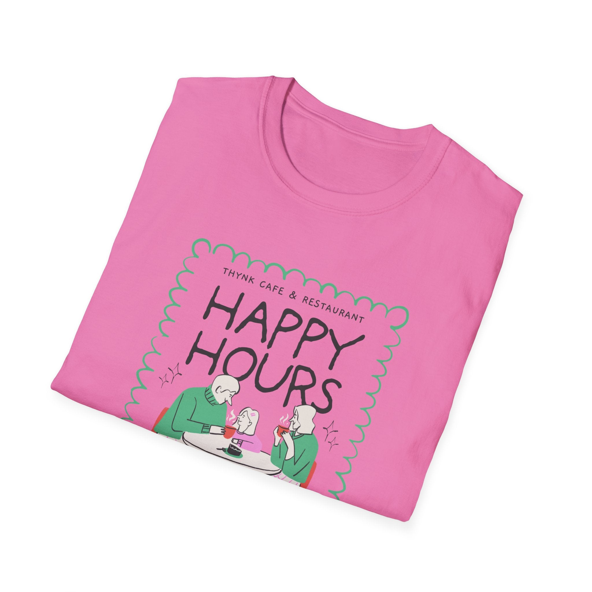 Happy Hours T-Shirt — Illustration of Friends Drinking at Cafe - Creations by Chris and Carlos