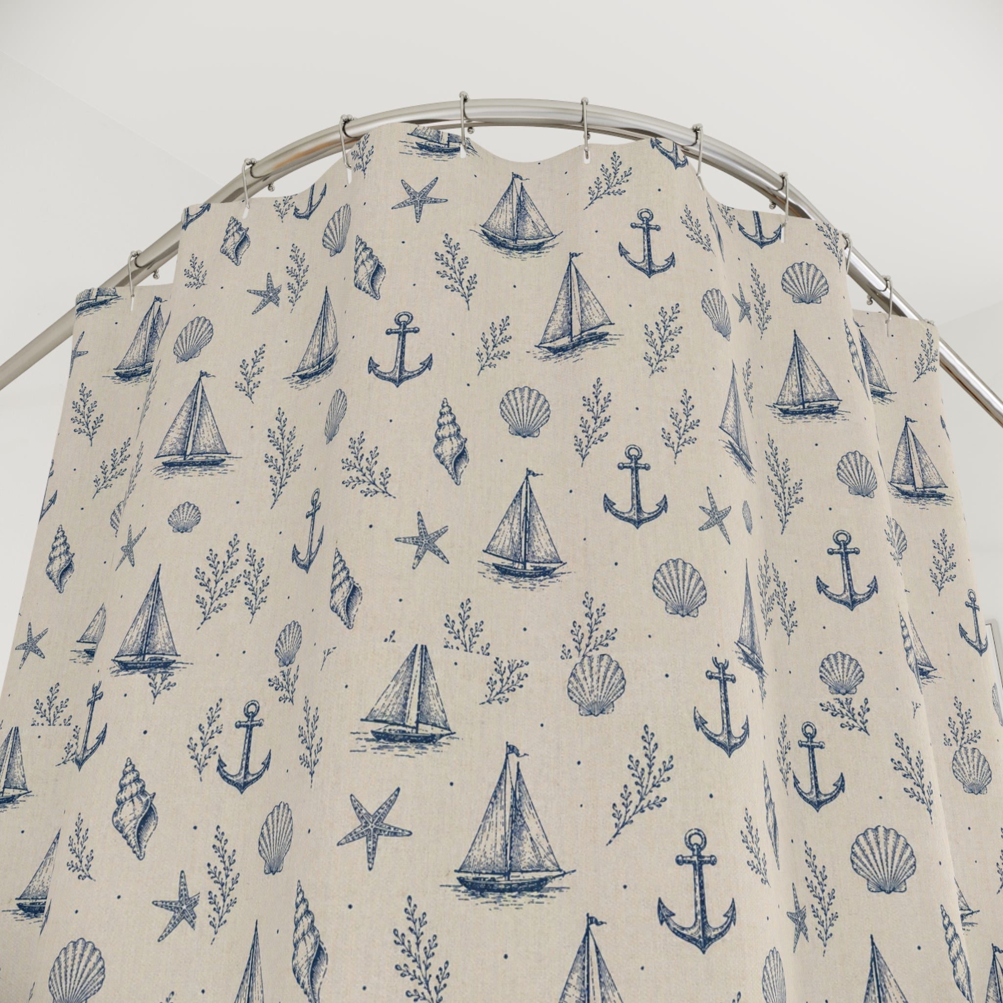 Nautical Sailboat & Anchor Shower Curtain — Coastal Beach Pattern for Bathroom - Creations by Chris and Carlos