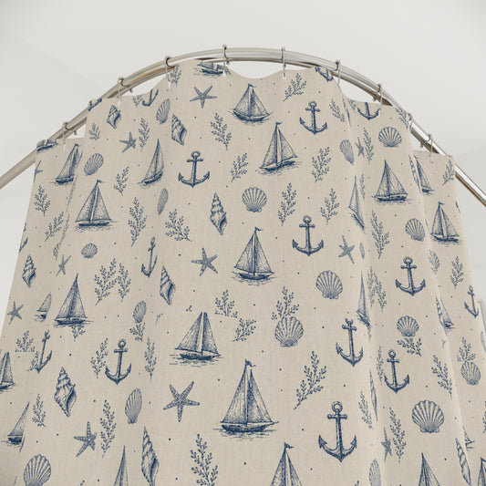 Nautical Sailboat & Anchor Shower Curtain — Coastal Beach Pattern for Bathroom - Creations by Chris and Carlos