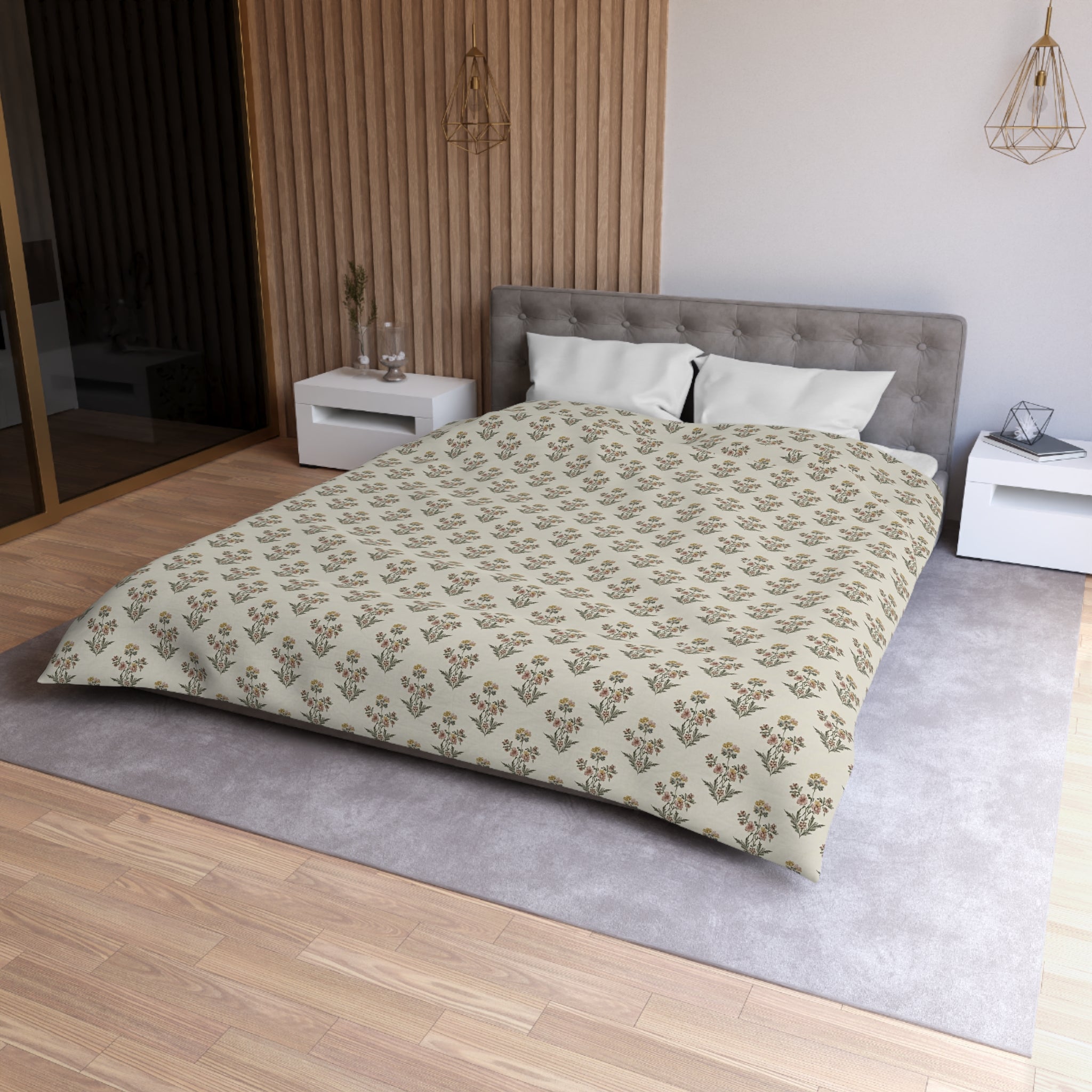 Neutral Floral Pattern Microfiber Duvet Cover — Minimal Boho Bedding - Creations by Chris and Carlos