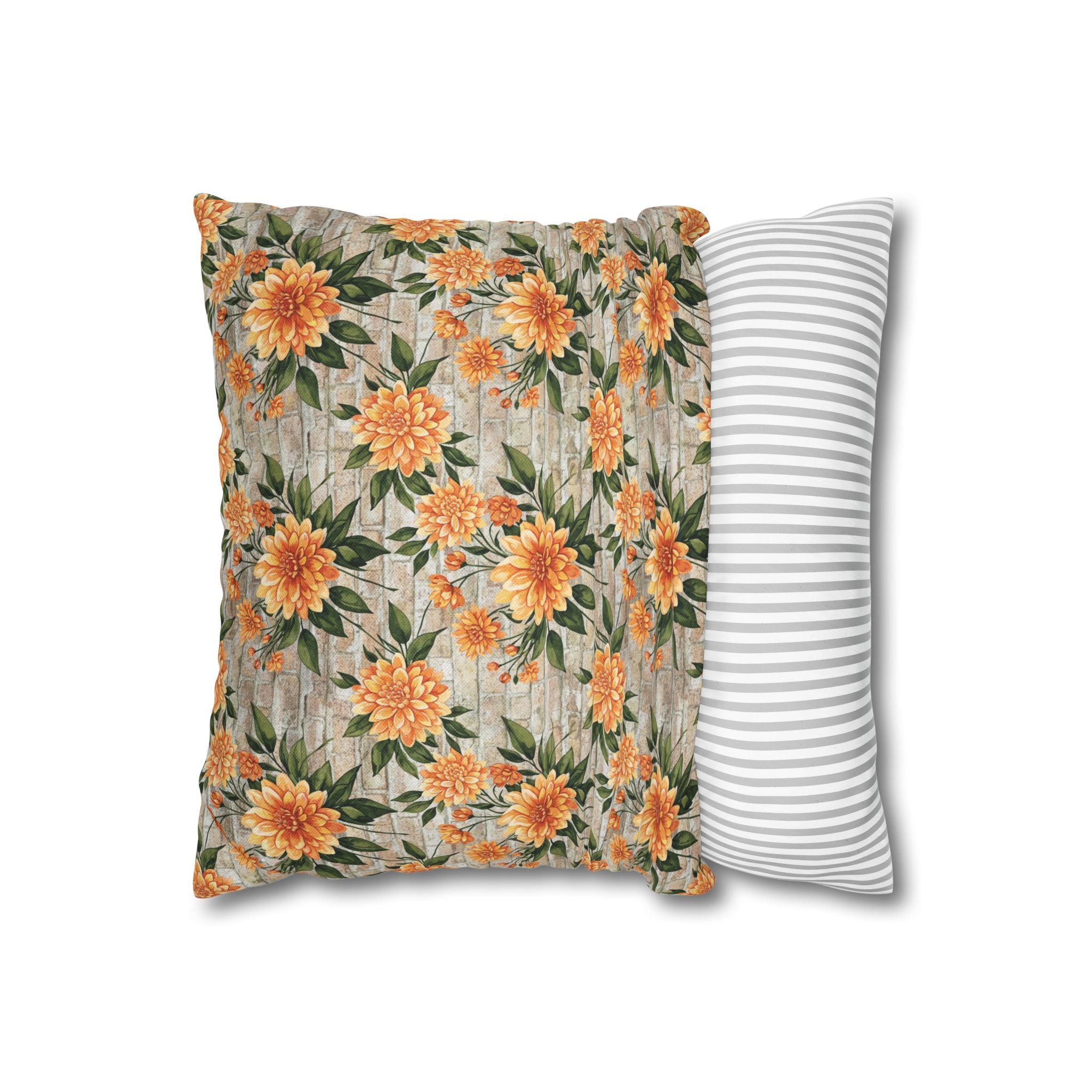 The Artisanal Flora Gallery Floral Sunburst Square Pillowcase — Orange Dahlia Botanical Throw Pillow Cover - Creations by Chris and Carlos
