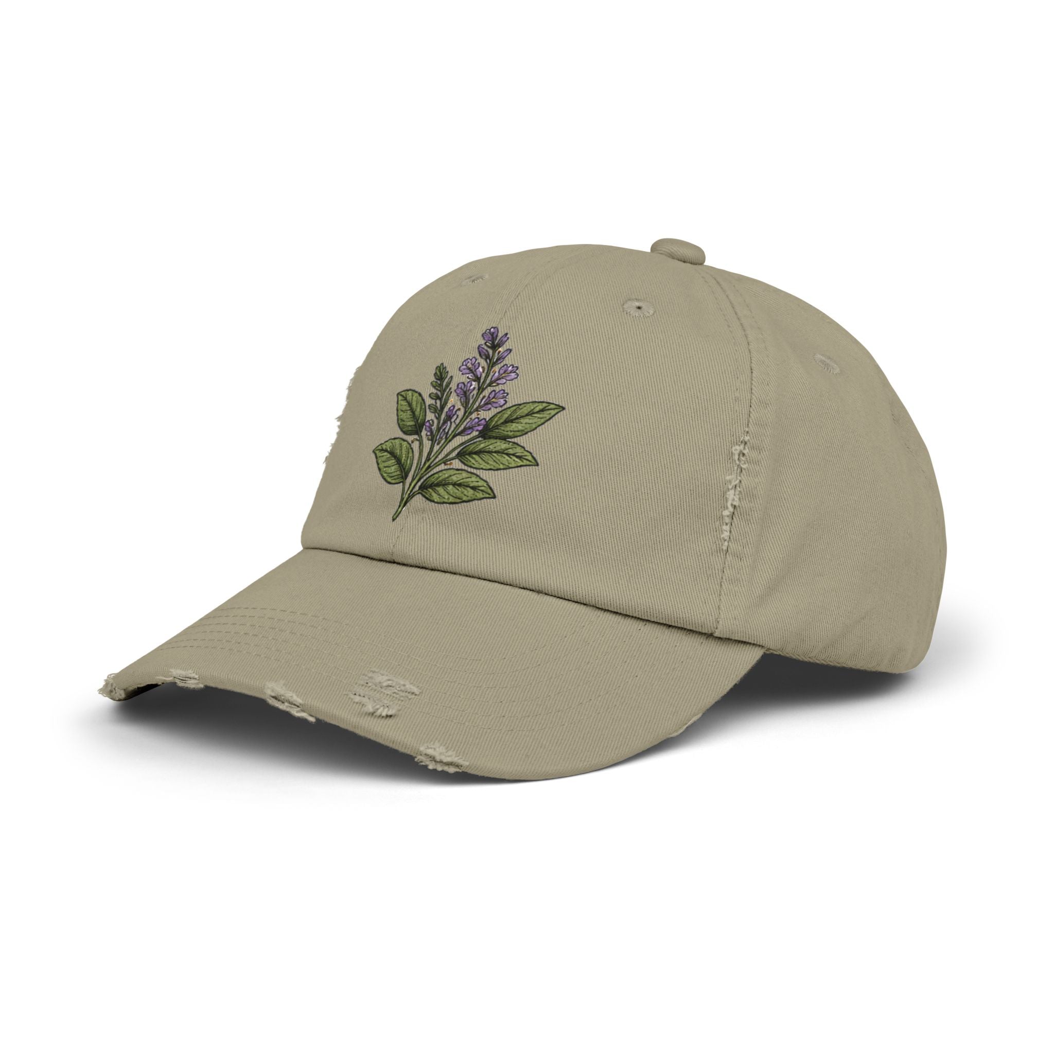 Old Soul Apothecary Distressed Black Baseball Cap with Lavender Sprig Embroidery - Creations by Chris and Carlos