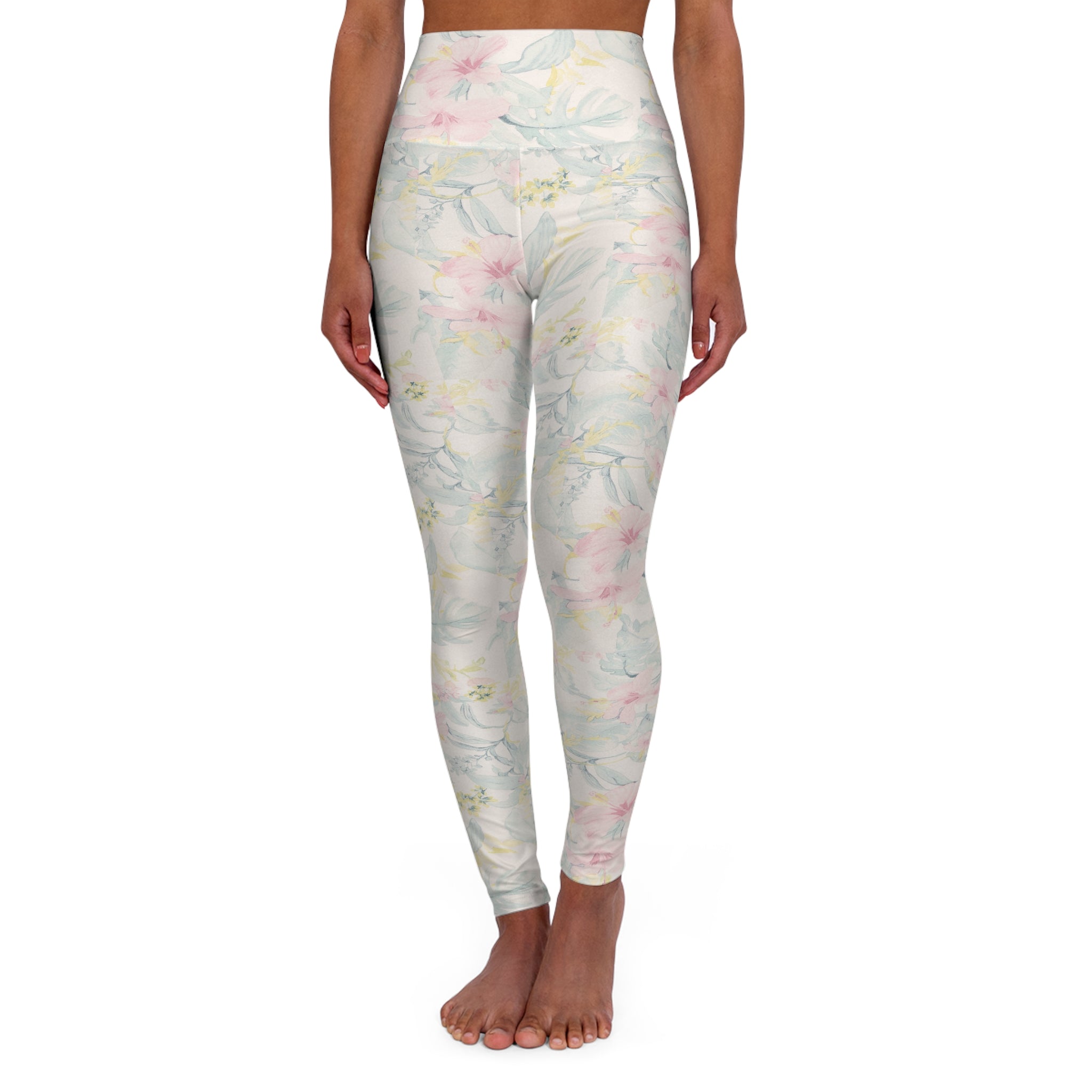 Floral High-Waist Yoga Leggings — Pastel Watercolor Garden Print - Creations by Chris and Carlos