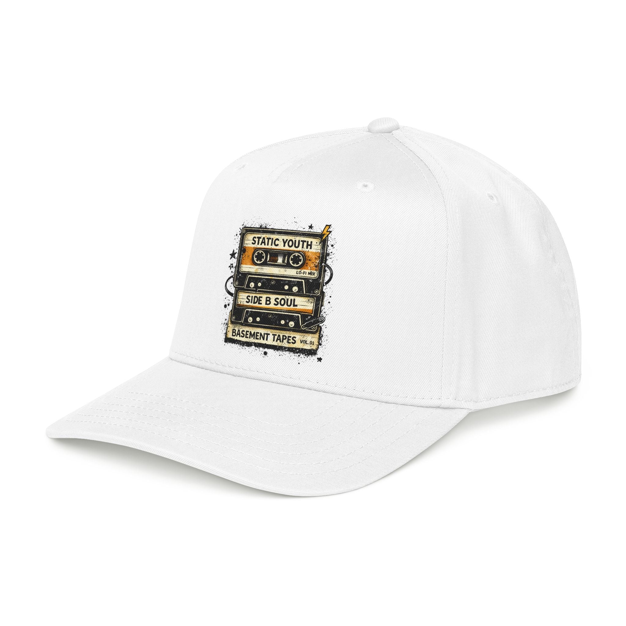 Vintage Cassette Baseball Cap — "Static Youth / Side B Soul" Retro Tape Design - Creations by Chris and Carlos