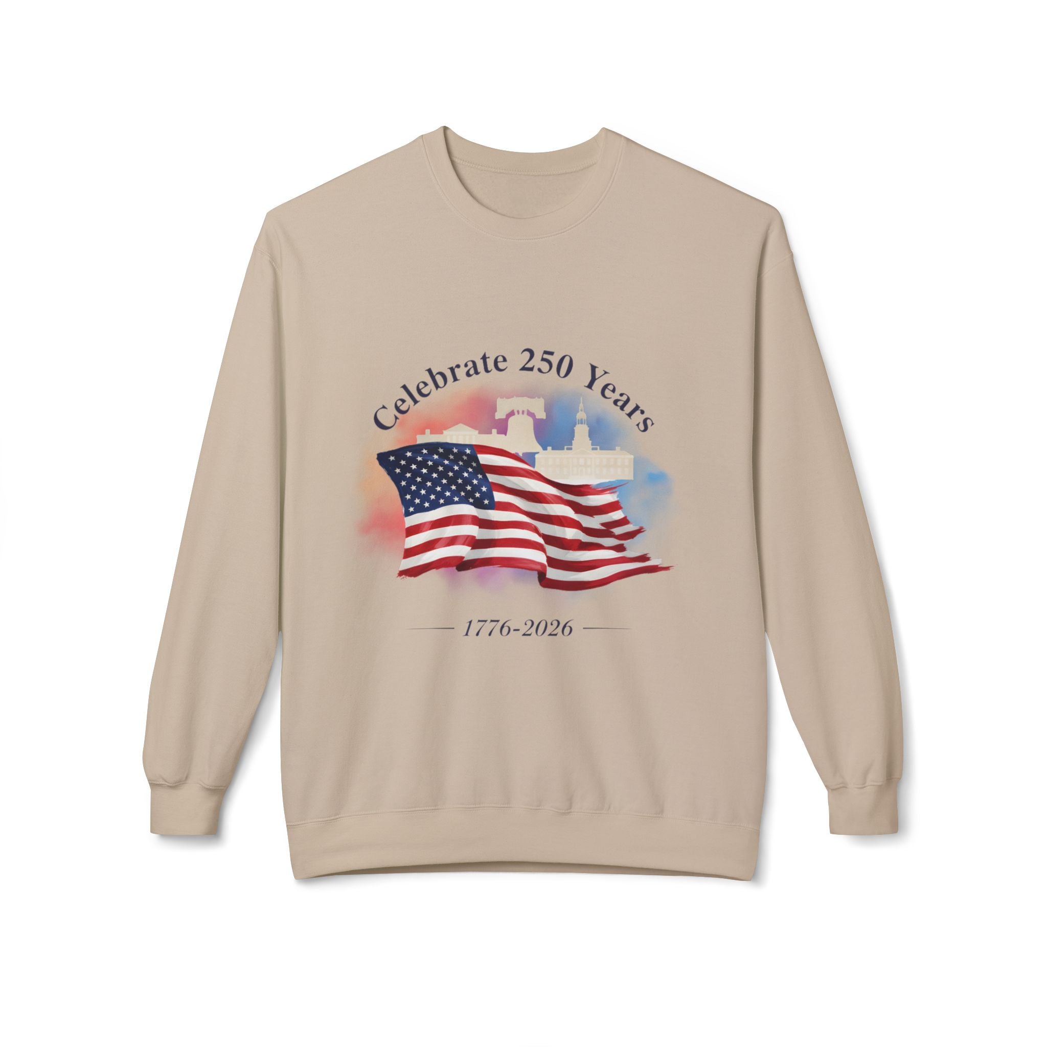 Crewneck Sweatshirt — "Celebrate 250 Years" American Flag 1776–2026 Patriotic Pullover - Creations by Chris and Carlos