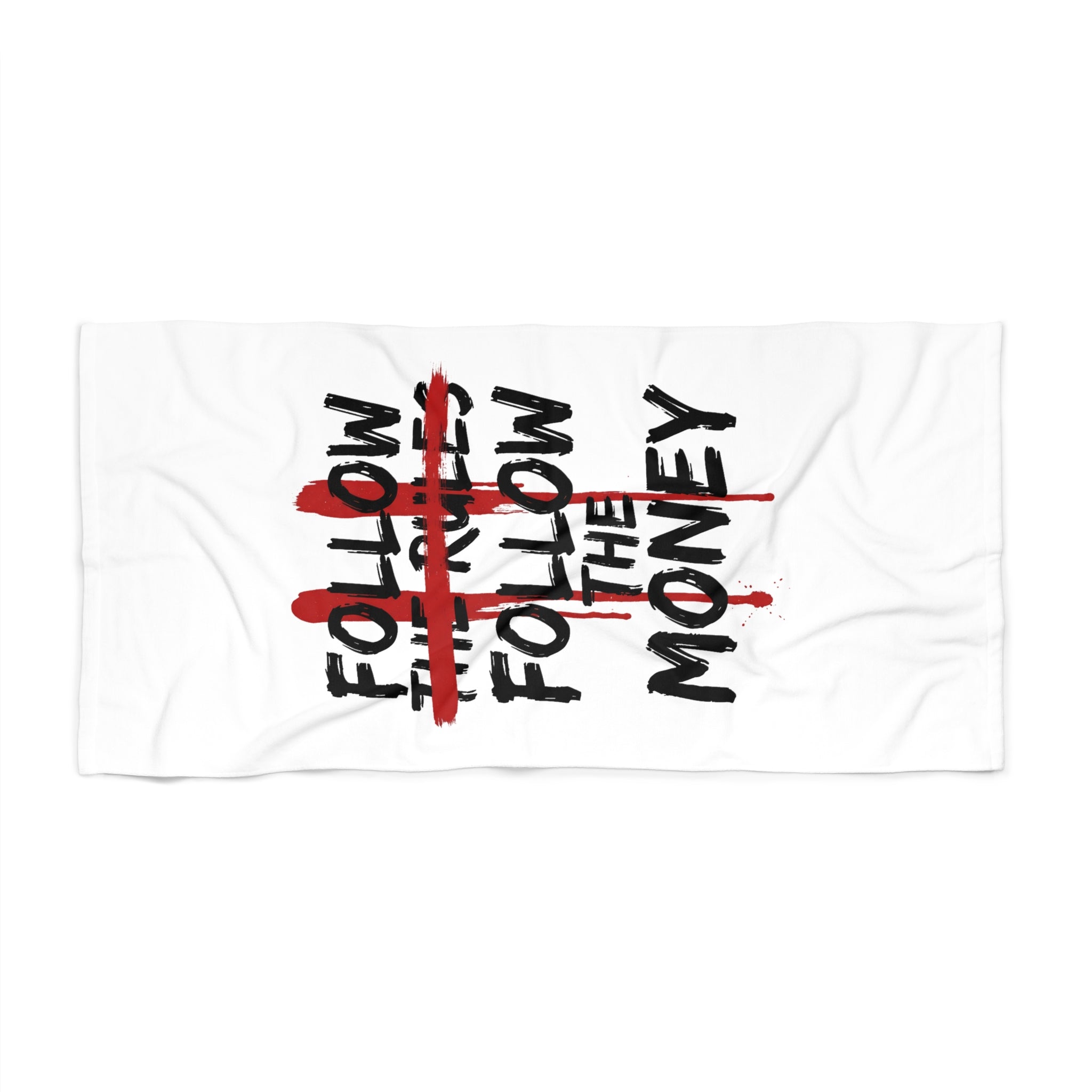 Beach Towel — "Follow the Money" Graphic Beach Towel (Bold Red Strike-Through) - Creations by Chris and Carlos