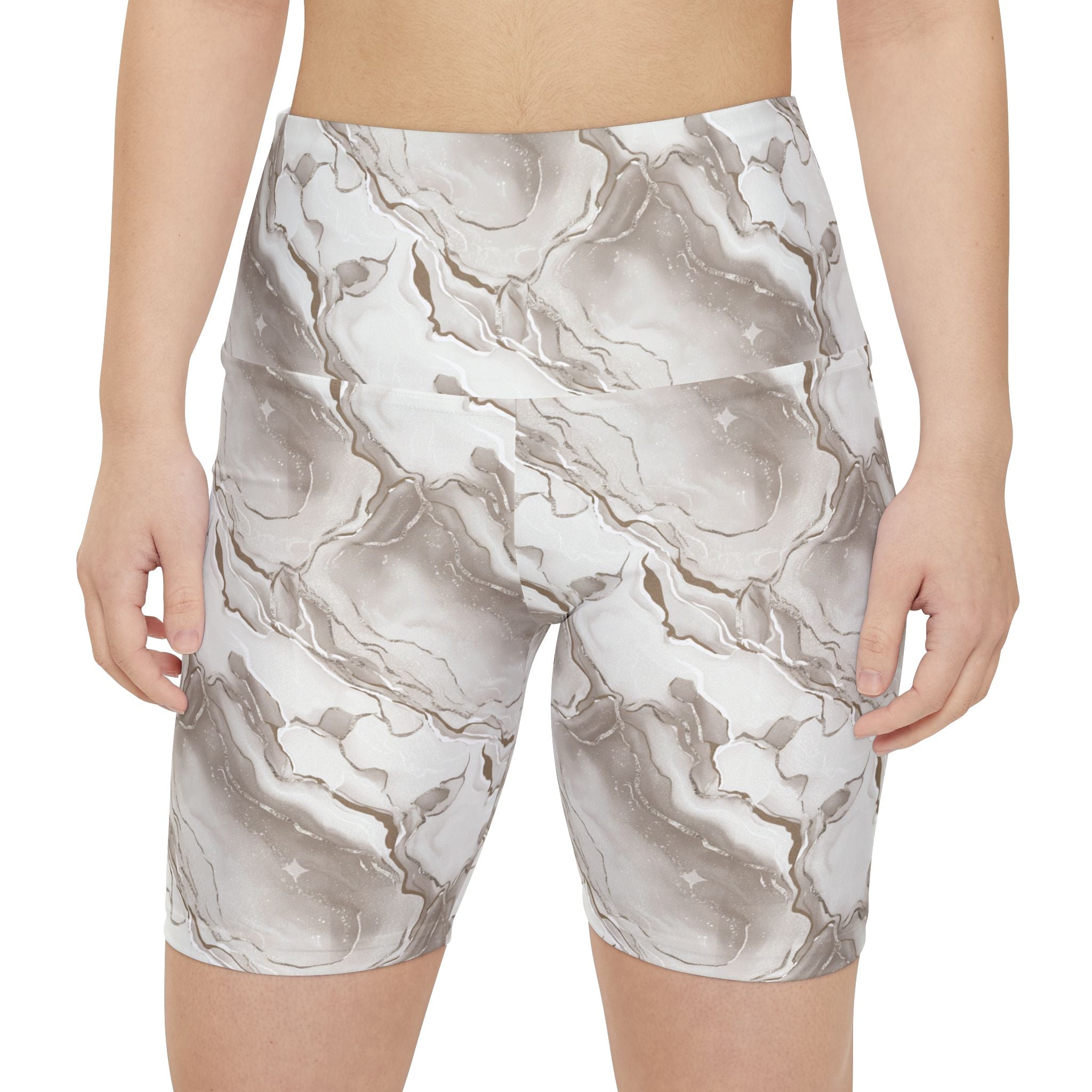 Marble Swirl Women's Workout Shorts — Taupe Gold Athletic Biker Shorts - Creations by Chris and Carlos