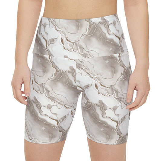 Marble Swirl Women's Workout Shorts — Taupe Gold Athletic Biker Shorts - Creations by Chris and Carlos