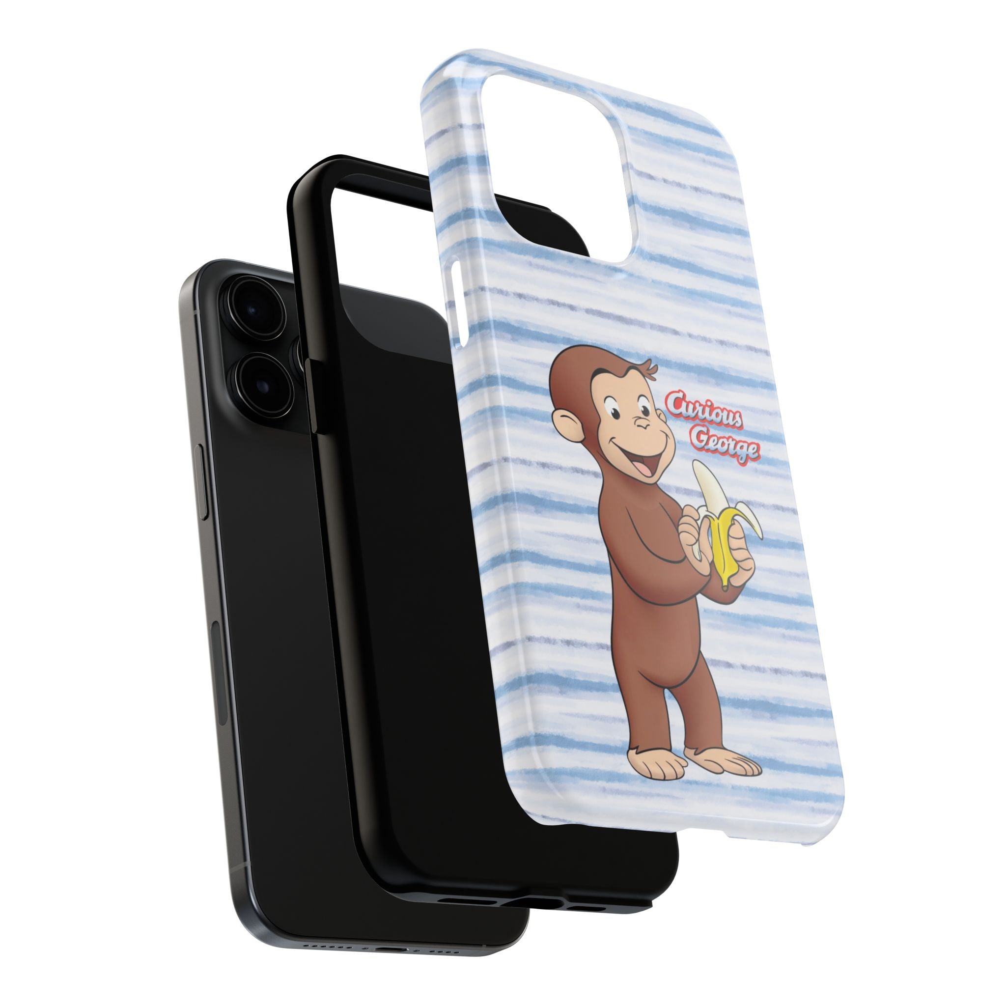 Curious George Banana Tough Phone Case — Cute Kids iPhone Cover, Blue Stripe Protective Case - Creations by Chris and Carlos