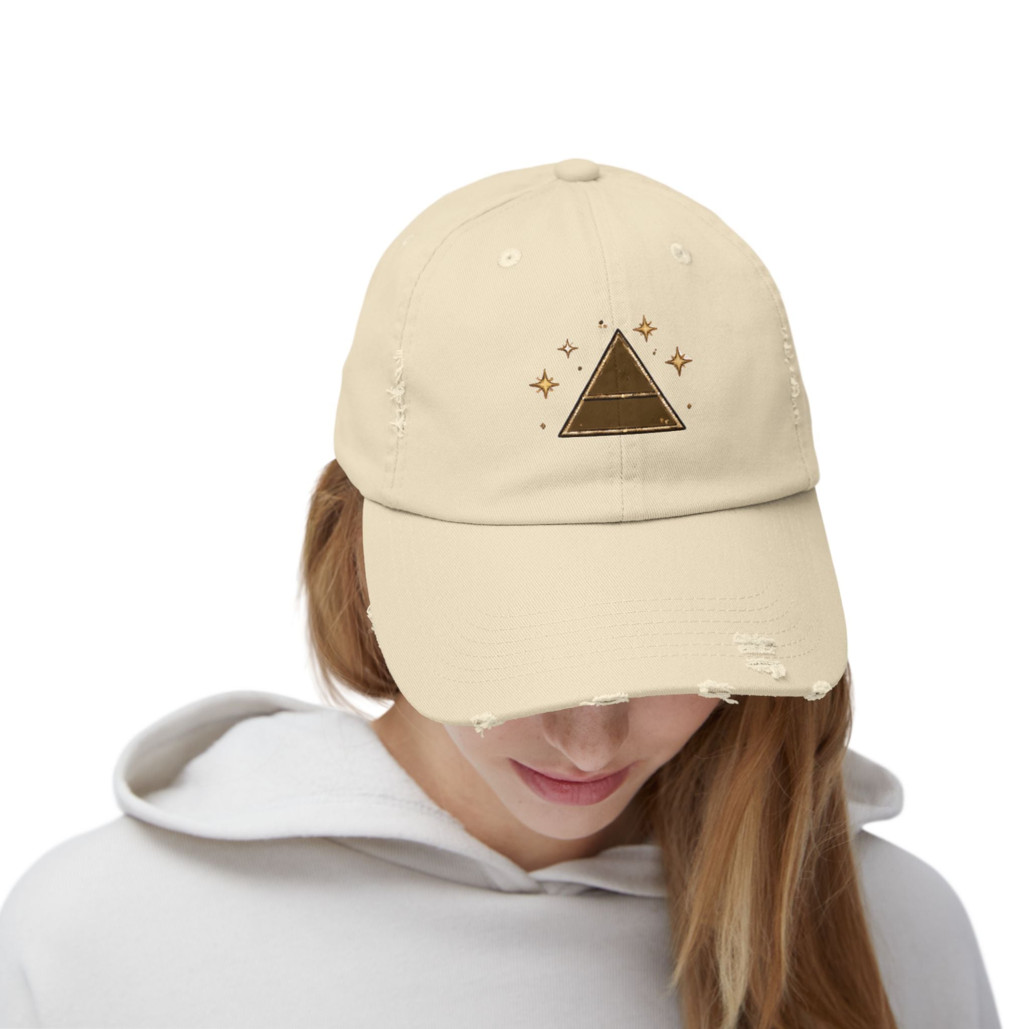 Old Soul Apothecary Distressed Pyramid Cap — Vintage Gold Triangle Embroidered Hat - Creations by Chris and Carlos