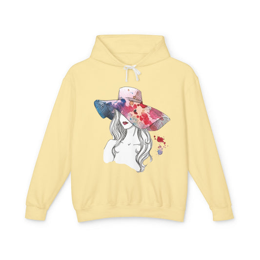 Watercolor Hat Lady Hoodie — Floral Sunhat Portrait Pullover - Creations by Chris and Carlos