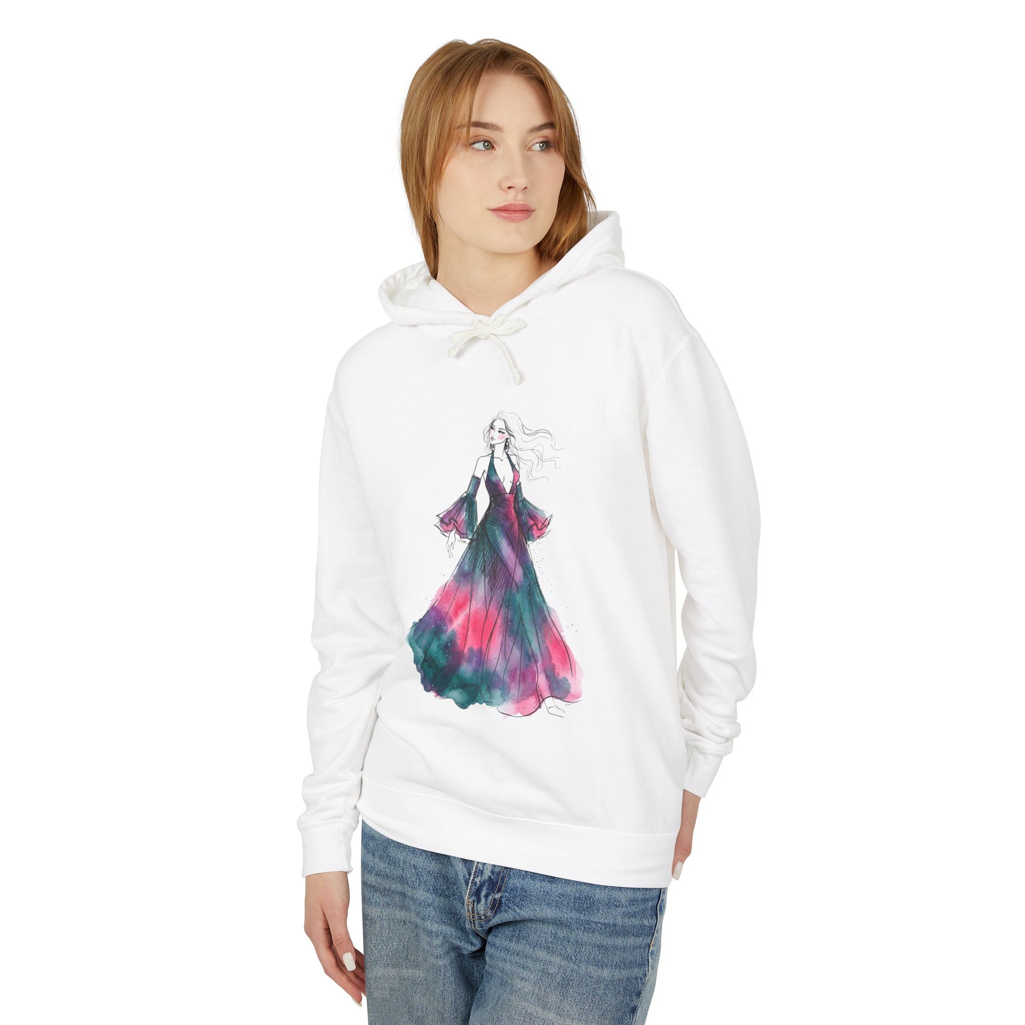 Watercolor Evening Gown Hoodie — Elegant Fashion Illustration Sweatshirt - Creations by Chris and Carlos