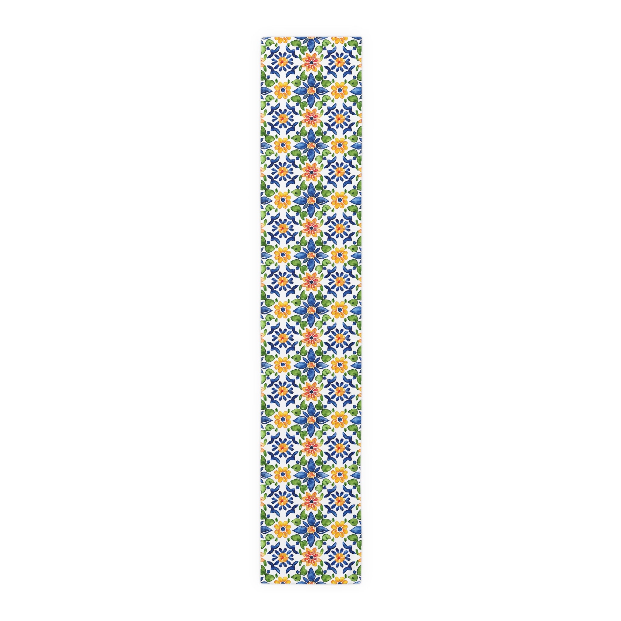 Sol y Alegría (Sun and Joy) Collection- Cactus Succulent Pattern Microfiber Blanket Soft Velveteen Throw for Home & Garden Lovers Floral Tile Table Runner — Blue & Yellow Mediterranean Pattern - Creations by Chris and Carlos