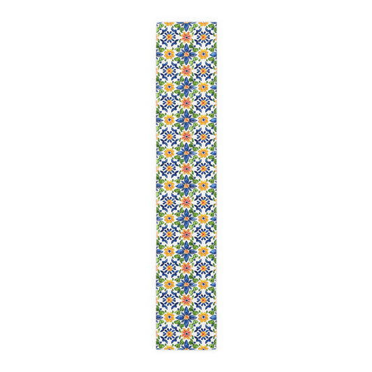 Sol y Alegría (Sun and Joy) Collection- Cactus Succulent Pattern Microfiber Blanket Soft Velveteen Throw for Home & Garden Lovers Floral Tile Table Runner — Blue & Yellow Mediterranean Pattern - Creations by Chris and Carlos