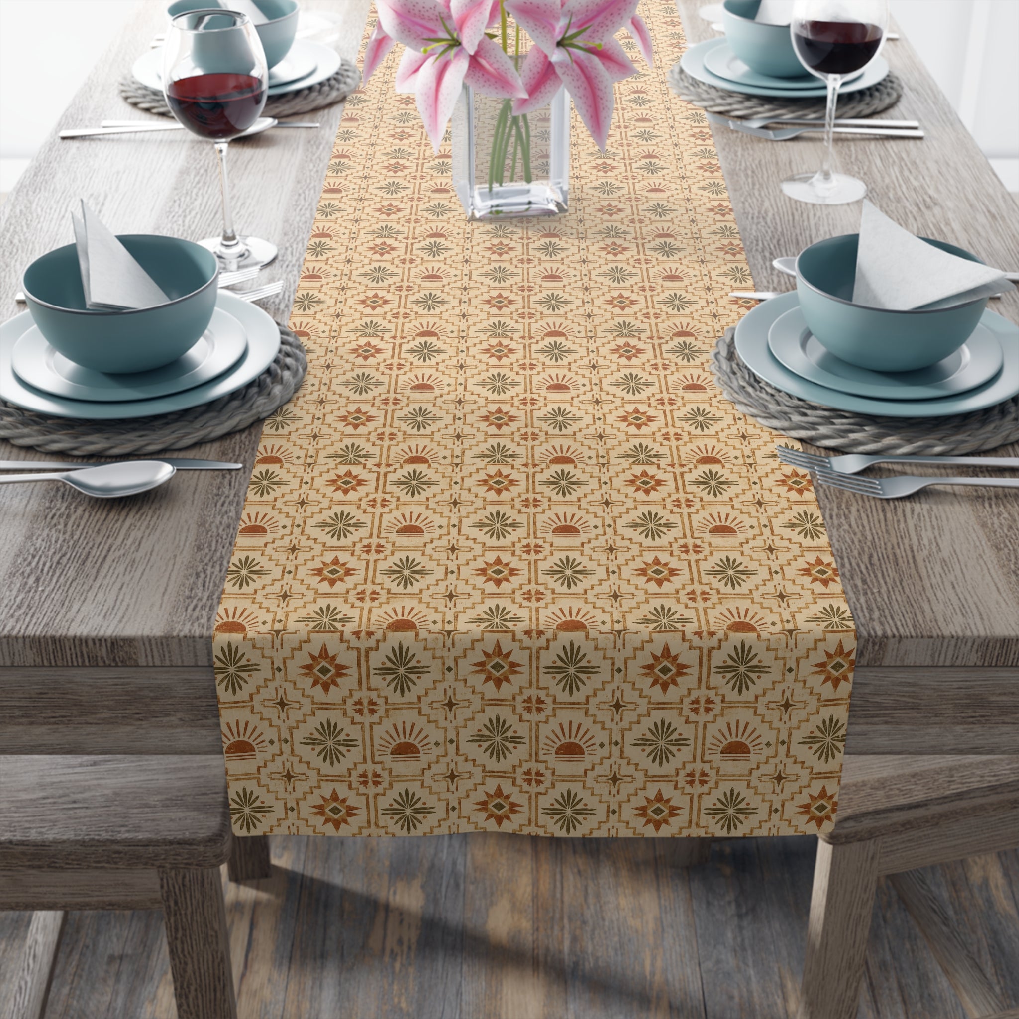 Southwestern Pattern Cotton-Poly Table Runner — Rustic Geometric Decor - Creations by Chris and Carlos