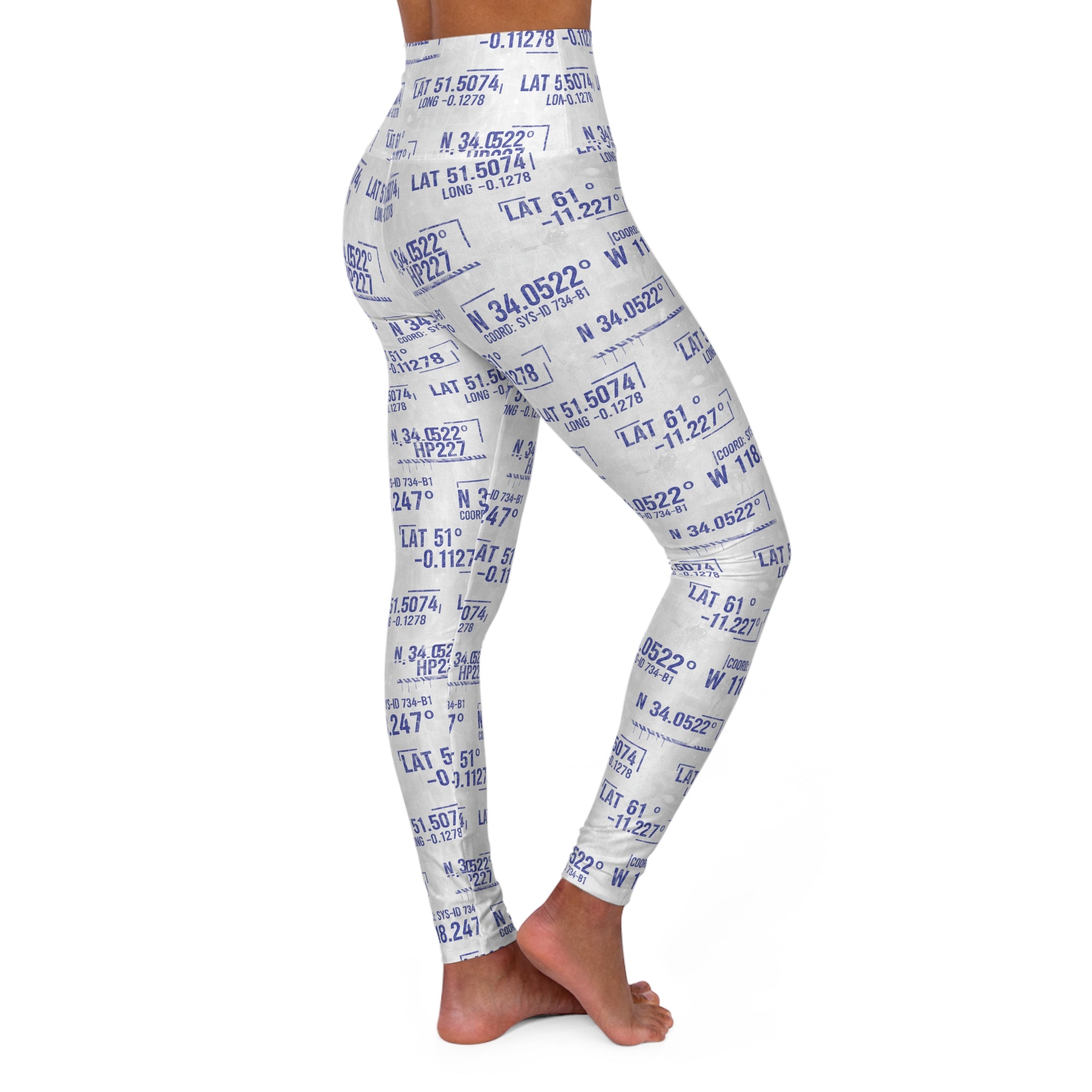 Latitude Longitude Pattern High-Waist Yoga Leggings — Navy Coordinates Fitness Print - Creations by Chris and Carlos