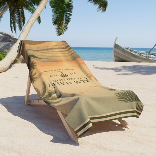 Palm Haven Vintage Beach Towel – Retro Tropical Palm Print - Creations by Chris and Carlos