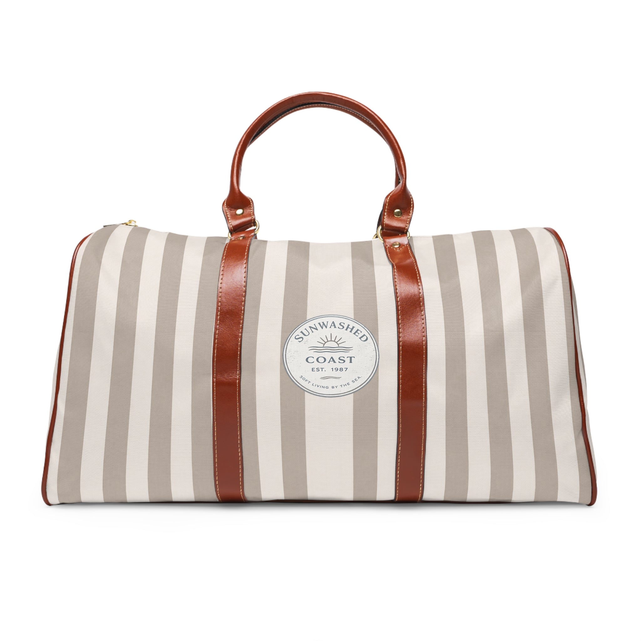 Striped Tan Waterproof Travel Duffle Bag — Coastal "Sunwashed Coast" Patch - Creations by Chris and Carlos