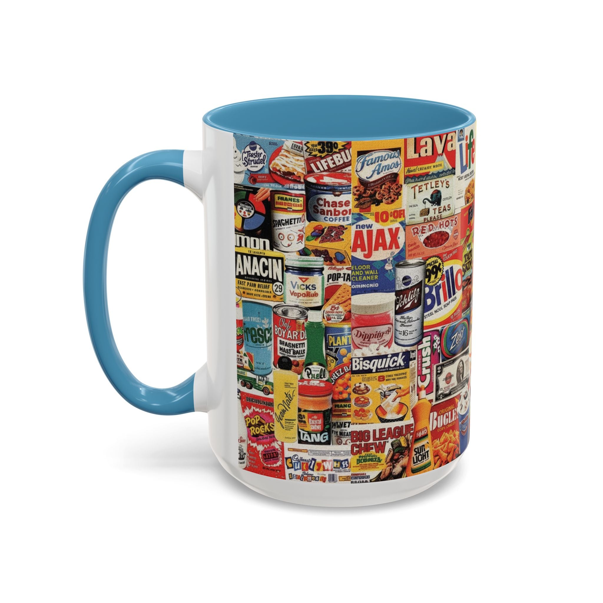 Vintage Retro Ads Coffee Mug — Collage of Classic Brand Labels (11/15oz Accent Mug) - Creations by Chris and Carlos
