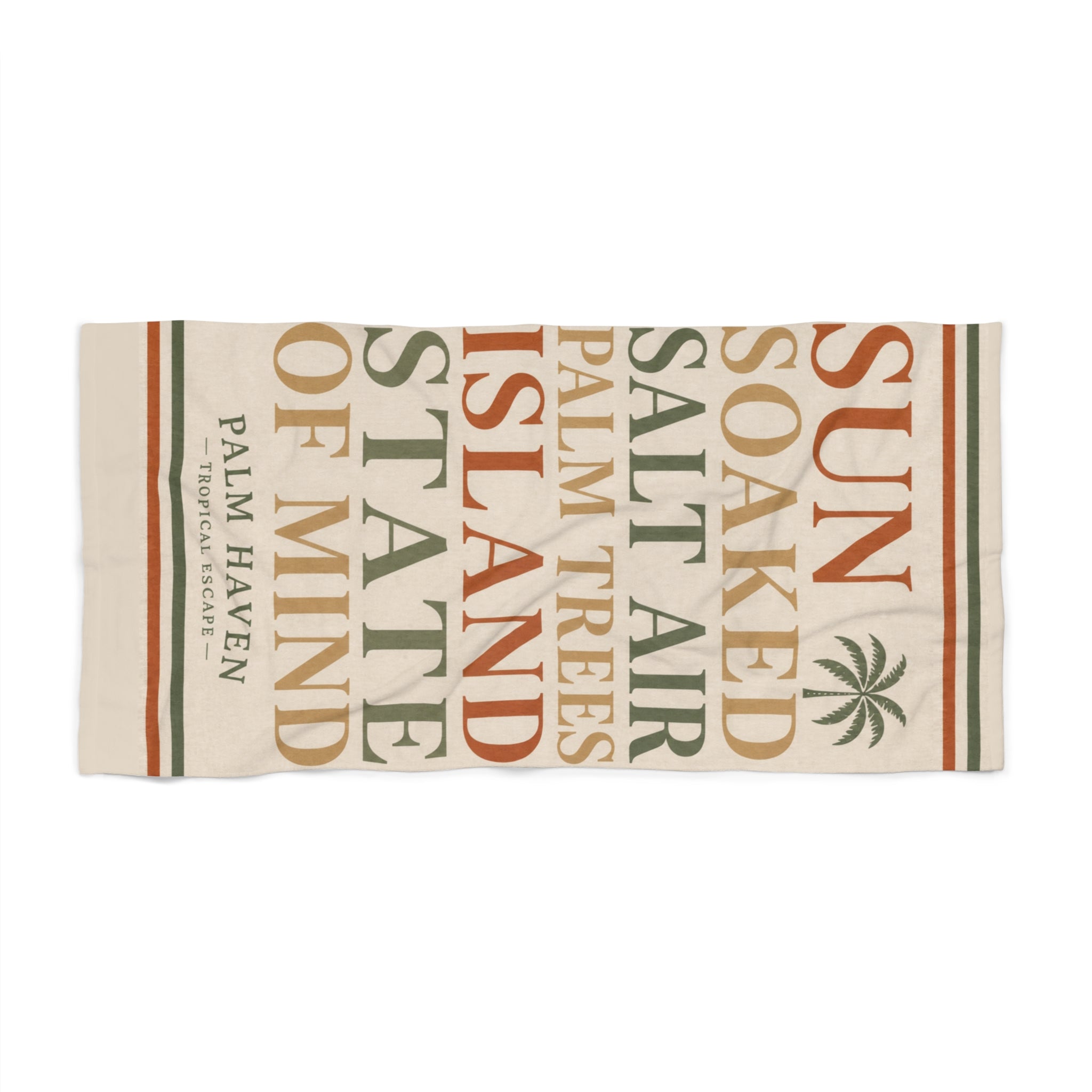 Palm Haven Vintage Typography Beach Towel — Sun, Salt Air & Island State of Mind - Creations by Chris and Carlos