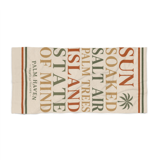 Palm Haven Vintage Typography Beach Towel — Sun, Salt Air & Island State of Mind - Creations by Chris and Carlos