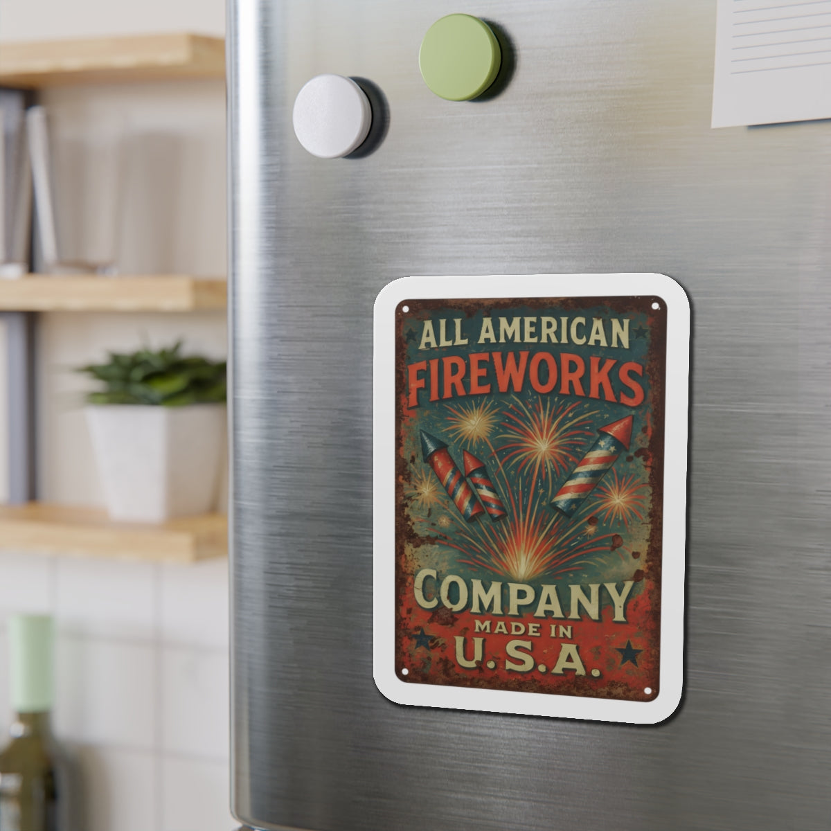 Fireworks Magnet — "All American Fireworks Company" Retro USA Patriotic Die-Cut Magnet - Creations by Chris and Carlos