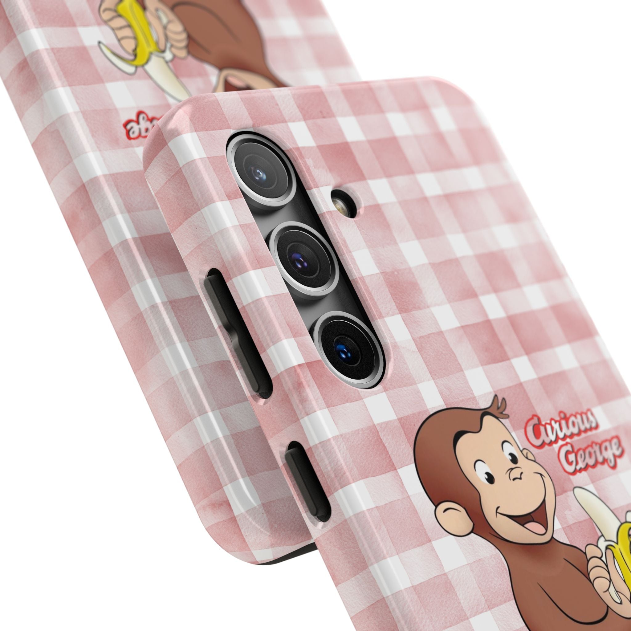Curious George Banana Tough Phone Case — Cute Kids iPhone Cover, Pink Gingham Protective Case - Creations by Chris and Carlos